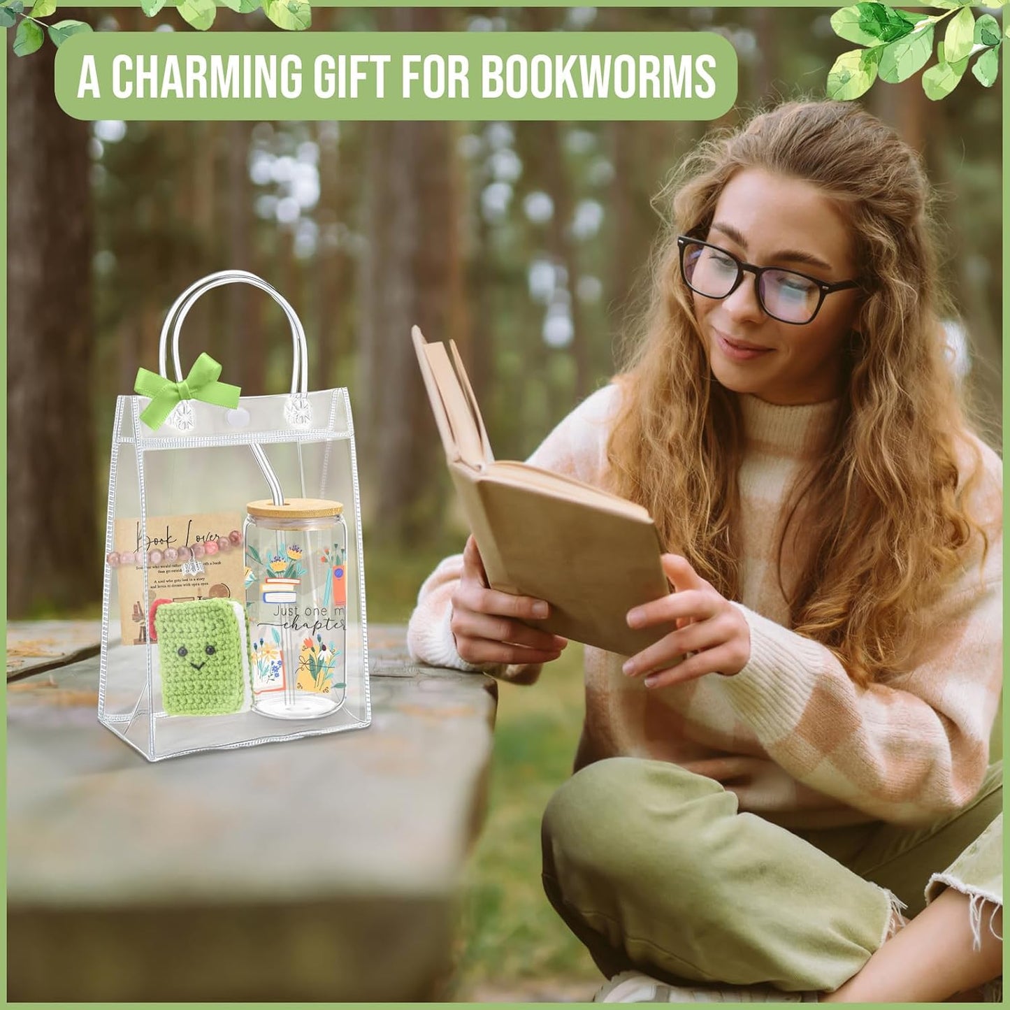 Roshtia 6 Pcs National Reading Month Librarian Gifts Book Lover Gift Glass Cup with Lid and Straw Crocheted Book Doll Bracelet Card for Women Reader Bookish Librarian Bookworm Birthday Gifts