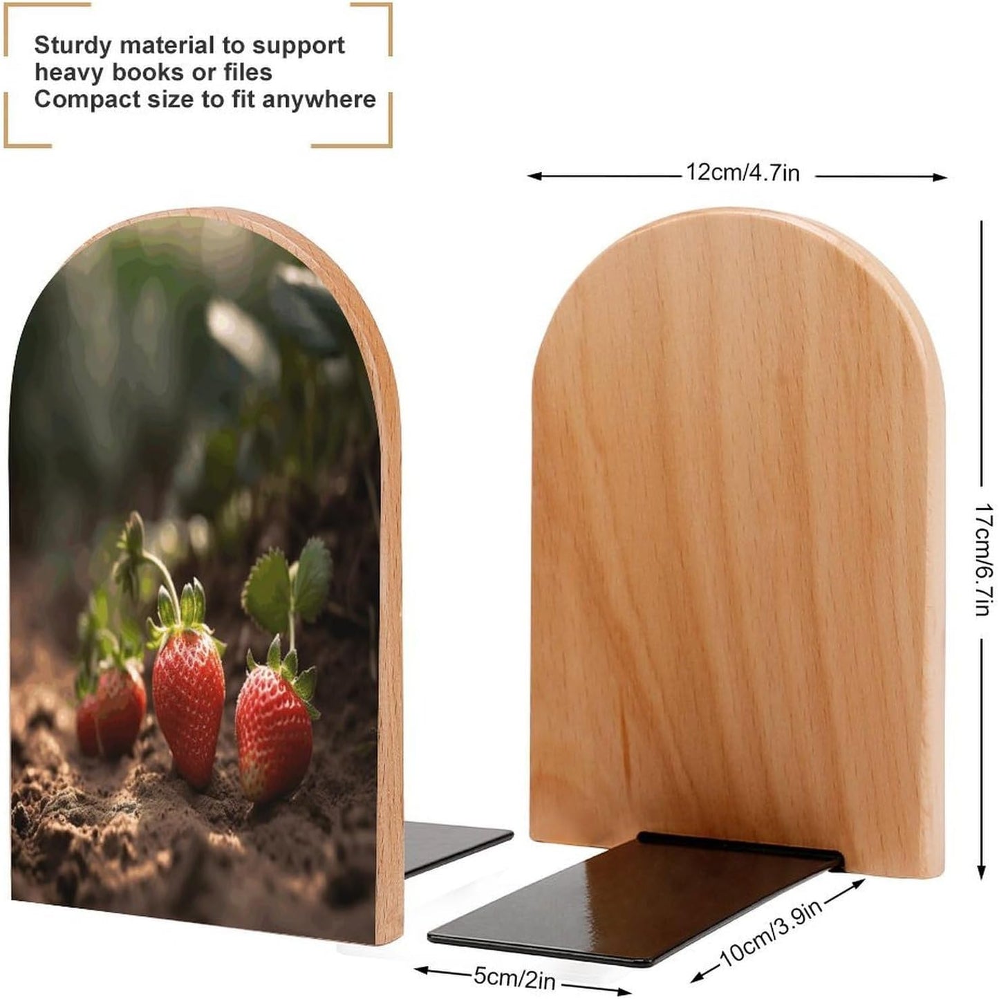 Strawberries in The Soil Bookend for Shelves Wooden Book End Large Size Sturdy Book Holders Stoppers with Metal Base for Bookshelves Slick Decorative Bookends Stands