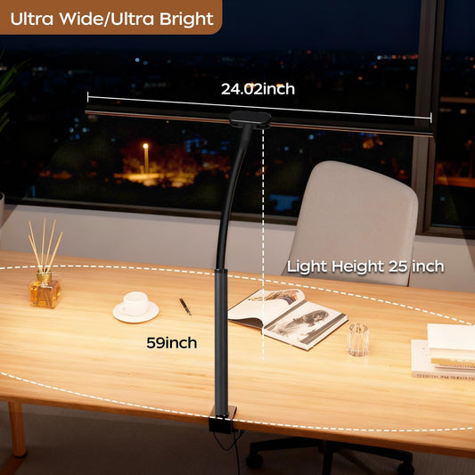 LED Desk Lamp with Clamp, Double Head Adjustable Architect Light, Eye-Caring Monitor Desk Lamp for Home Office, Flexible Gooseneck Task Lamp with 10 Brightness Levels & 5 Color Temperature Modes Black