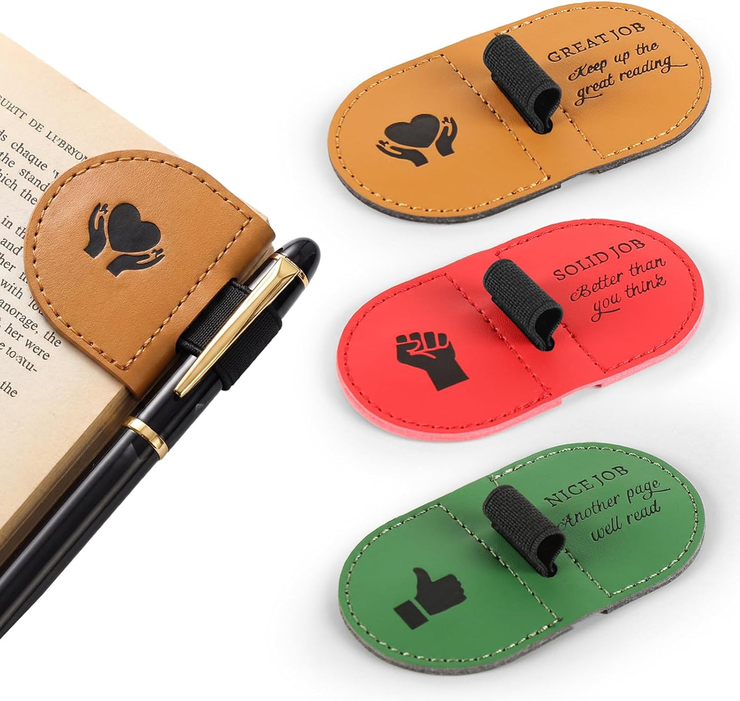 Magnetic Bookmark with Pen Holder for Reading, PU Leather Bookmark Clip for Books, Study Accessories for Students Teachers, Book Lover Gifts（3PC）