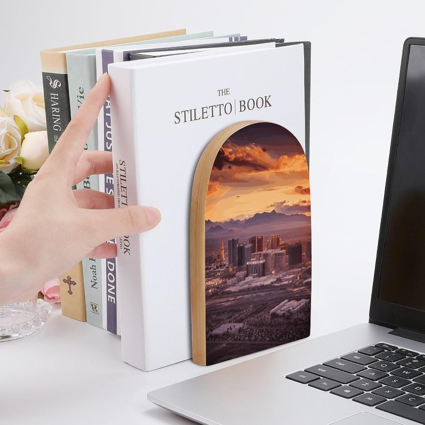 Las Vegas Sunset Bookend for Shelves Wooden Book End Large Size Sturdy Book Holders Stoppers with Metal Base for Bookshelves Slick Decorative Bookends Stands