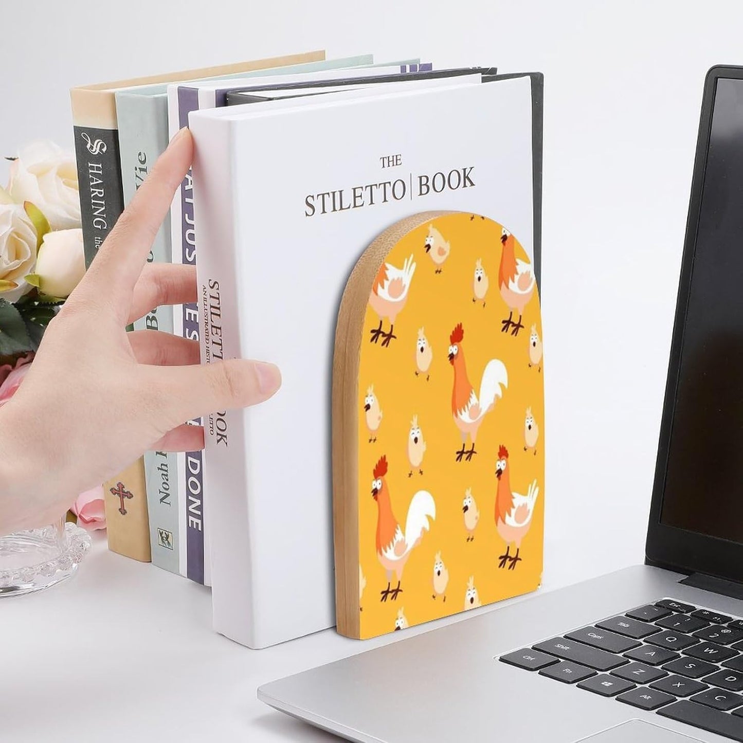 Chicken Chick Wooden Bookend Non-Slip Book Ends Heavy Duty Book Stopper with Metal Base Books Holderd Decorative Bookends Stands Firmly for Office Supplies