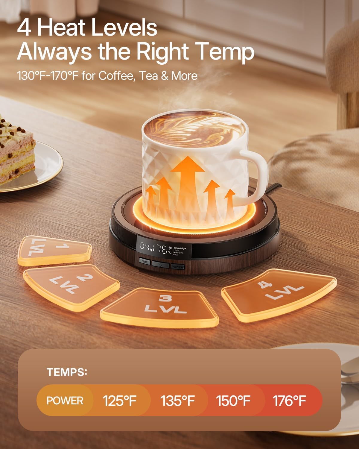 Coffee Mug Warmer for Desk, 50W Fast Heating Cup Warmer with Smart Display, 4 Temps & 12H Timer, Auto Shut Off for Tea, Milk, Hot Drinks - Wood Effect