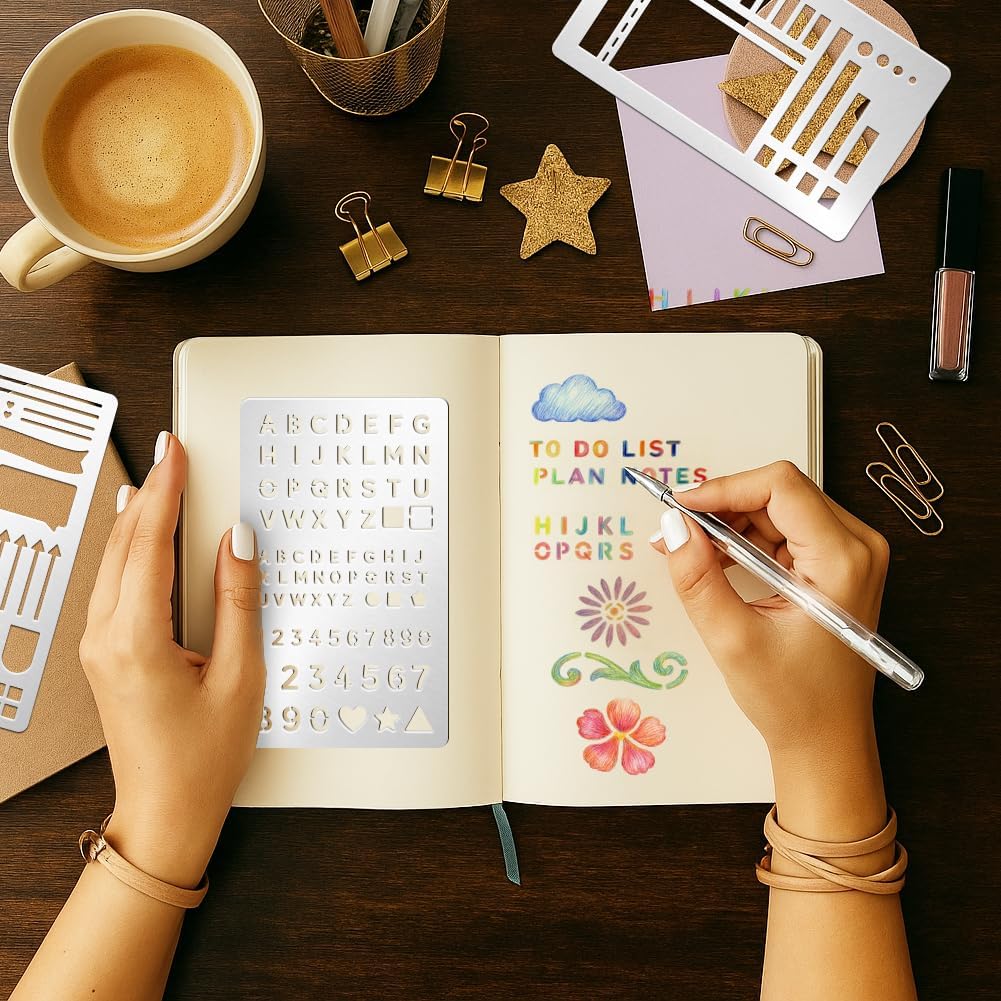 6 Pcs Metal Planner Stencil Journal Stencil Wood Burning Engraving Stencils Small Letter Metal Stencils for Journaling Templates for DIY Bookmarks Carving Draw Scrapbook