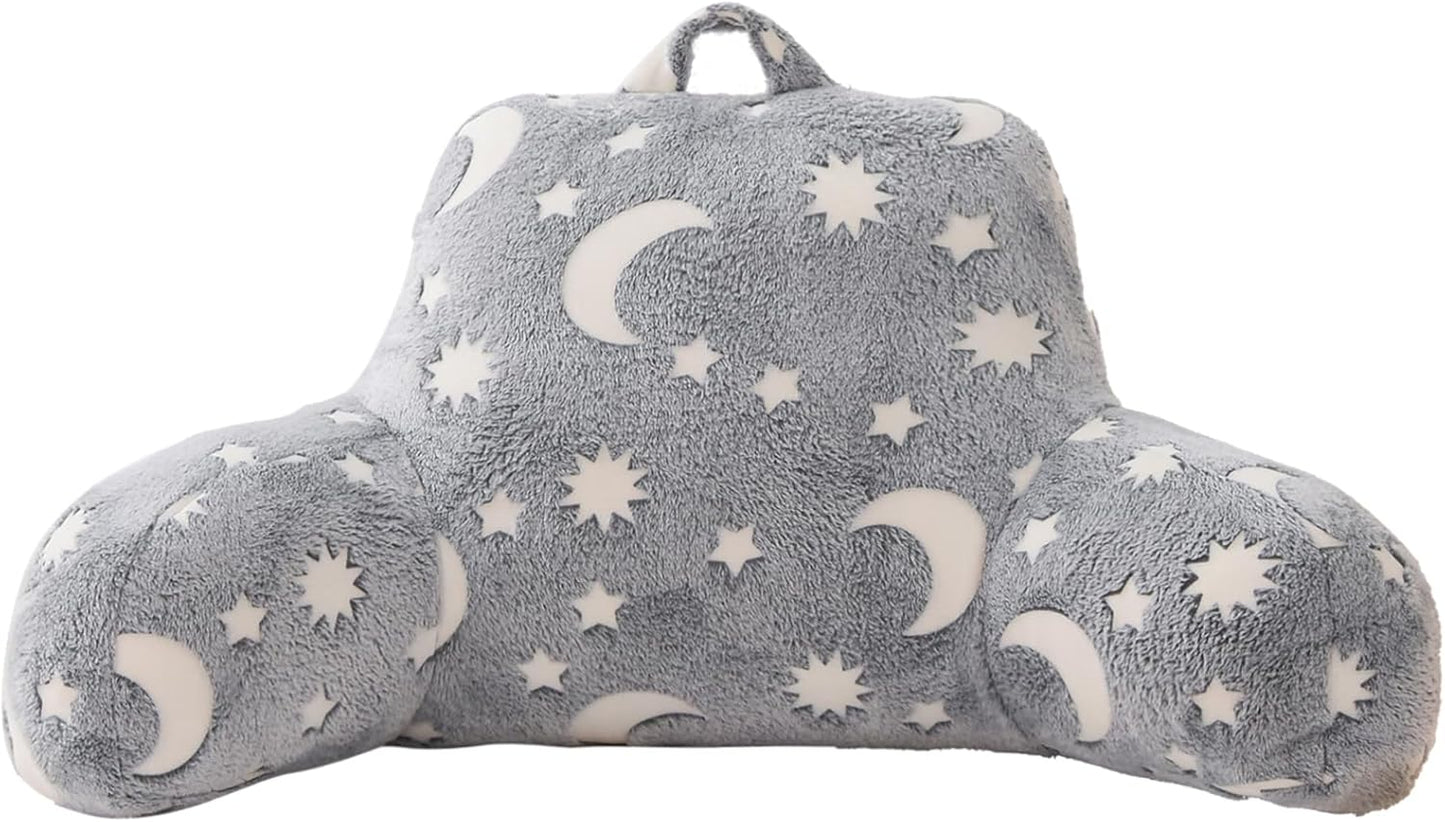 A Nice Night Star Moon Plush Reading Pillow Glow in The Dark Bed Wedge Children Backrest with Arms Back Support for Sitting Up in for Bedrest,Grey