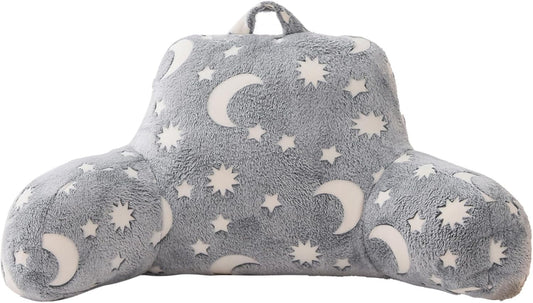 A Nice Night Star Moon Plush Reading Pillow Glow in The Dark Bed Wedge Children Backrest with Arms Back Support for Sitting Up in for Bedrest,Grey