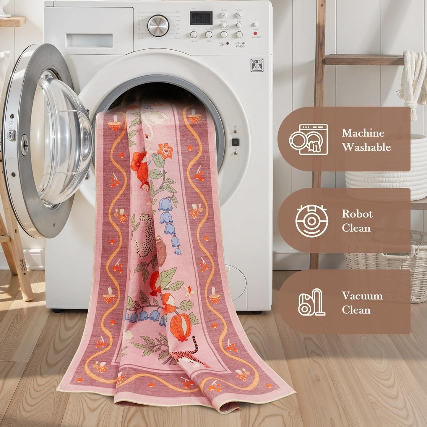 OJIA Animal Print Washable Rugs 5x7 Nursery Rug, Soft Pink Playroom Rug Non-Slip Boho Area Rug, Ultra-Thin Modern Floral Living Room Carpet for Bedroom Kids Room Classroom Office
