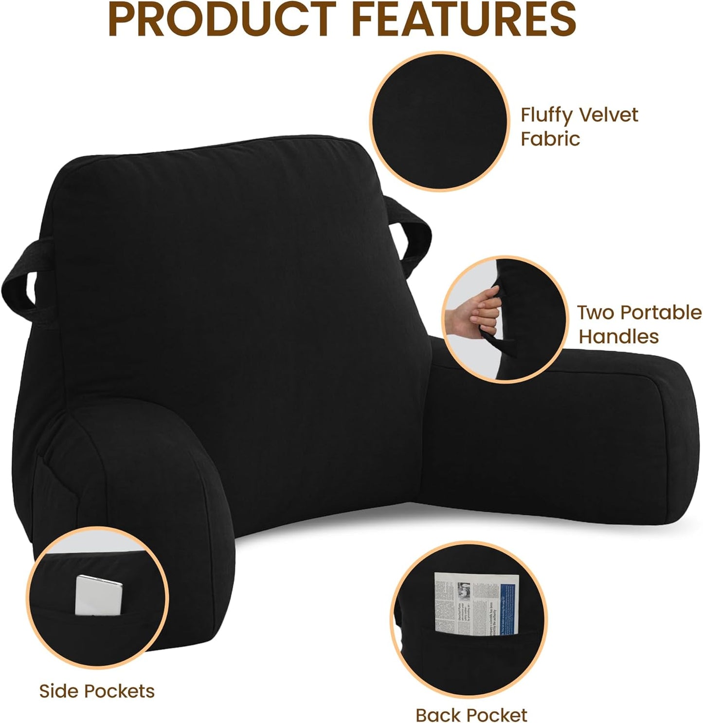 Portable Comfy Reading Pillows for Bed Sitting Up(Black Oeko-Tex), Velvet Back Pillow with Arms & Pockets for Adults, Support Memory Foam Bed Pillow for Dorm/Reading/Watching/Gaming
