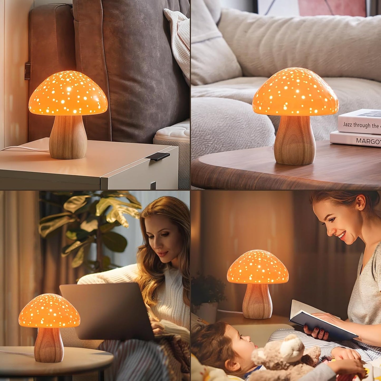 BOHON Mushroom Lamp, Ceramic Bedside Table Lamp for Bedroom Nightstand, Retro Vintage Orange Night Light, Small Aesthetic Lamp for Living Room Desk Home Decor, LED Bulb Included, Orange