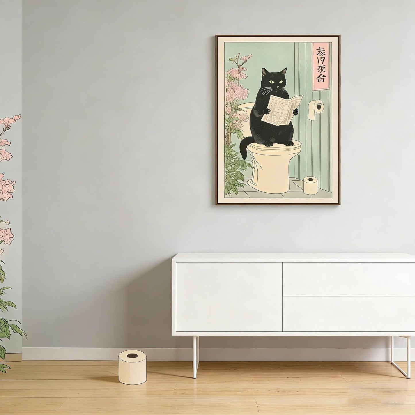 Paivovi Framed Japanese black cat on toilet Canvas Wall Art Funny bathroom print Toilet poster Japanese Cat Wall Decor Pictures Aesthetic Minimalism Artwork Neutral Painting Home Decoration,12x16in