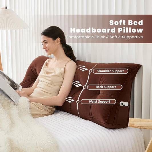 Headboard Pillow for Bed,Triangular Wedge Pillow Headboard Soft Support While Reading and Resting,Bed Bolster Cushion Headboard with Removable Cover,Coffee Brown,Twin (39"x8"x20")