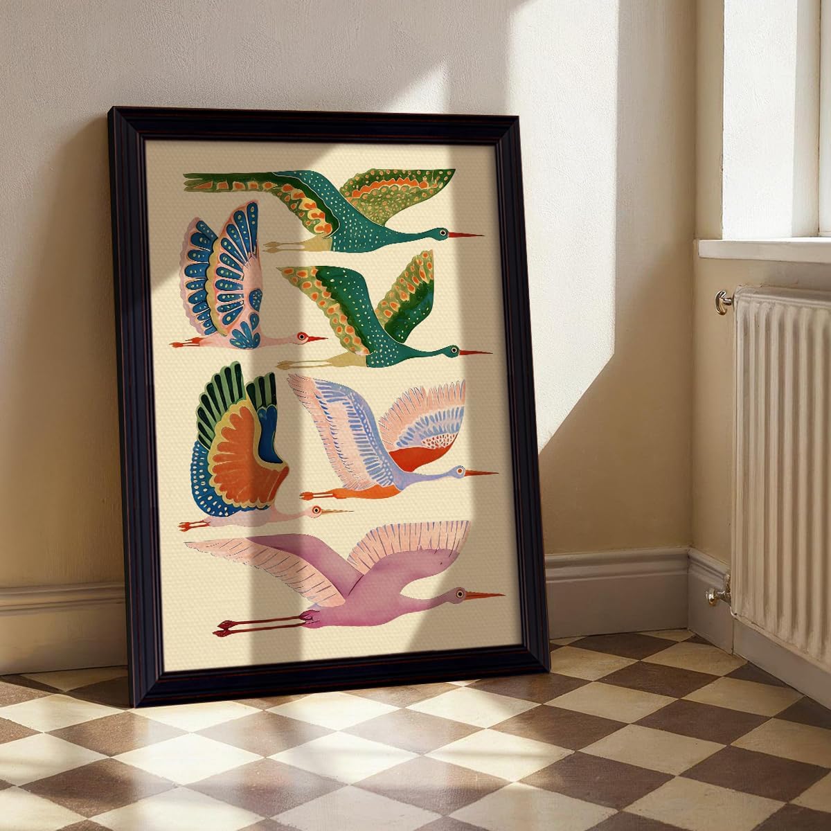 Framed Birds Dopamine Canvas Wall Art, Big Birds In Flight Aesthetic Poster, Trendy Colorful Animal Pattern Print for Girls Room, Nursery Quirky Animal Picture Wall Decor 8x10in