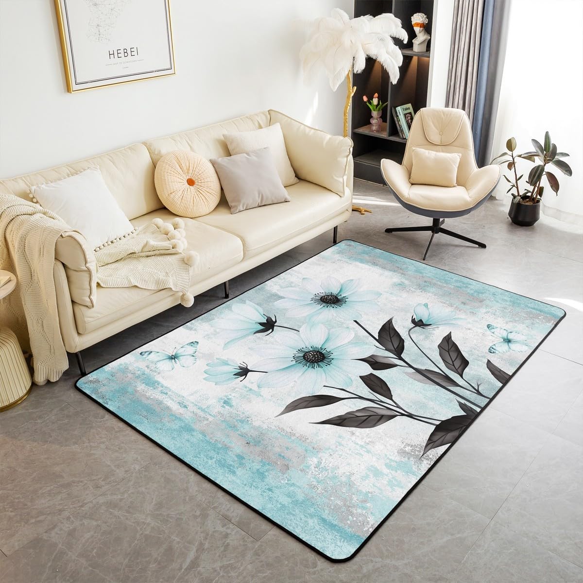 Turquoise Daisy Flower Area Rug 4'11" x 3'3" Spring Blossom Carpet Abstract Oil Painting Indoor Floor Mat Watercolor Floral Rustic Farmhouse Decorative Washable Rug Ombre Blue Grey Design for Adults