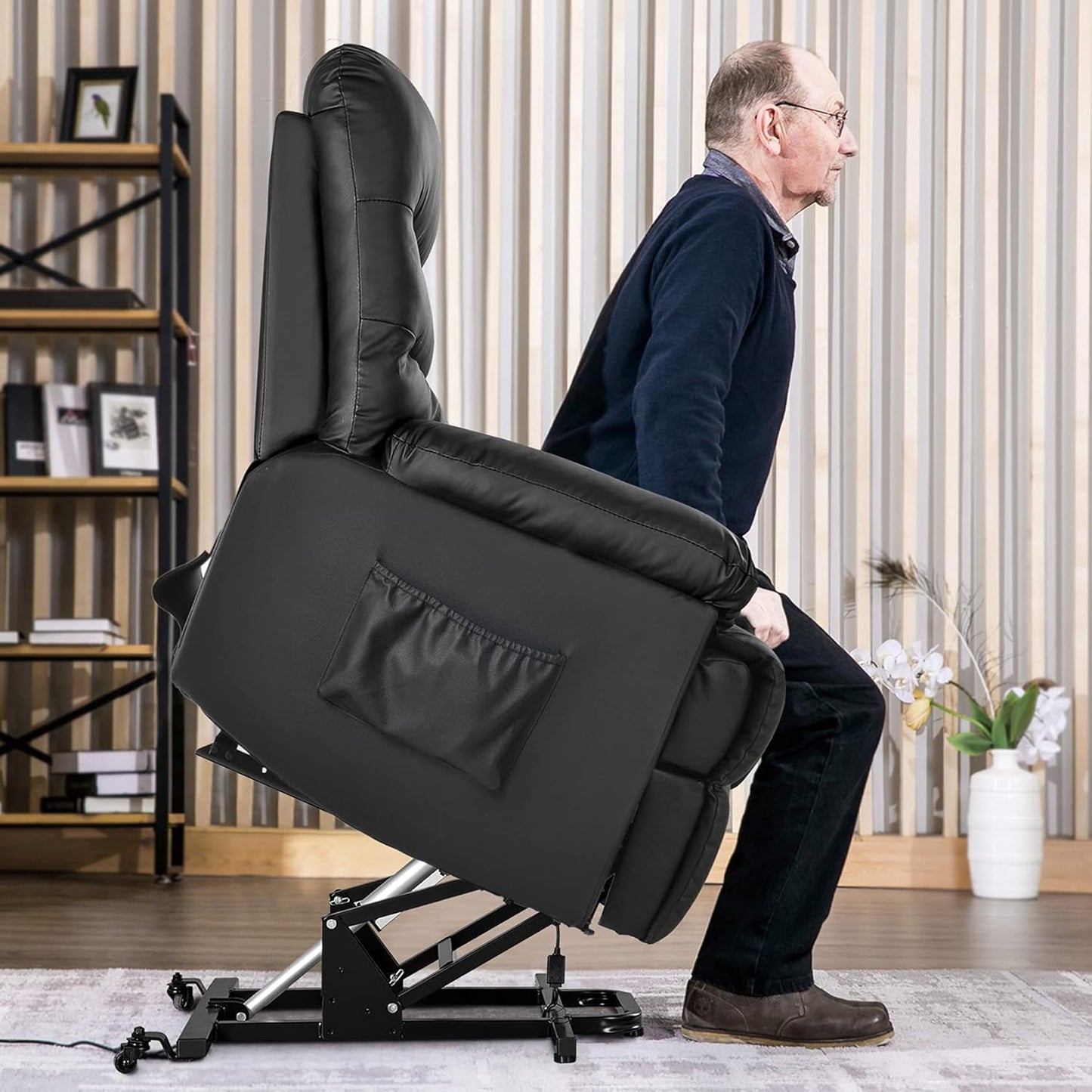 Power Lift Recliner Chair for Elderly PU Leather Single Sofa Reading Chair with Side Pockets Home Theater Seating Ergonomic Lounge Chair