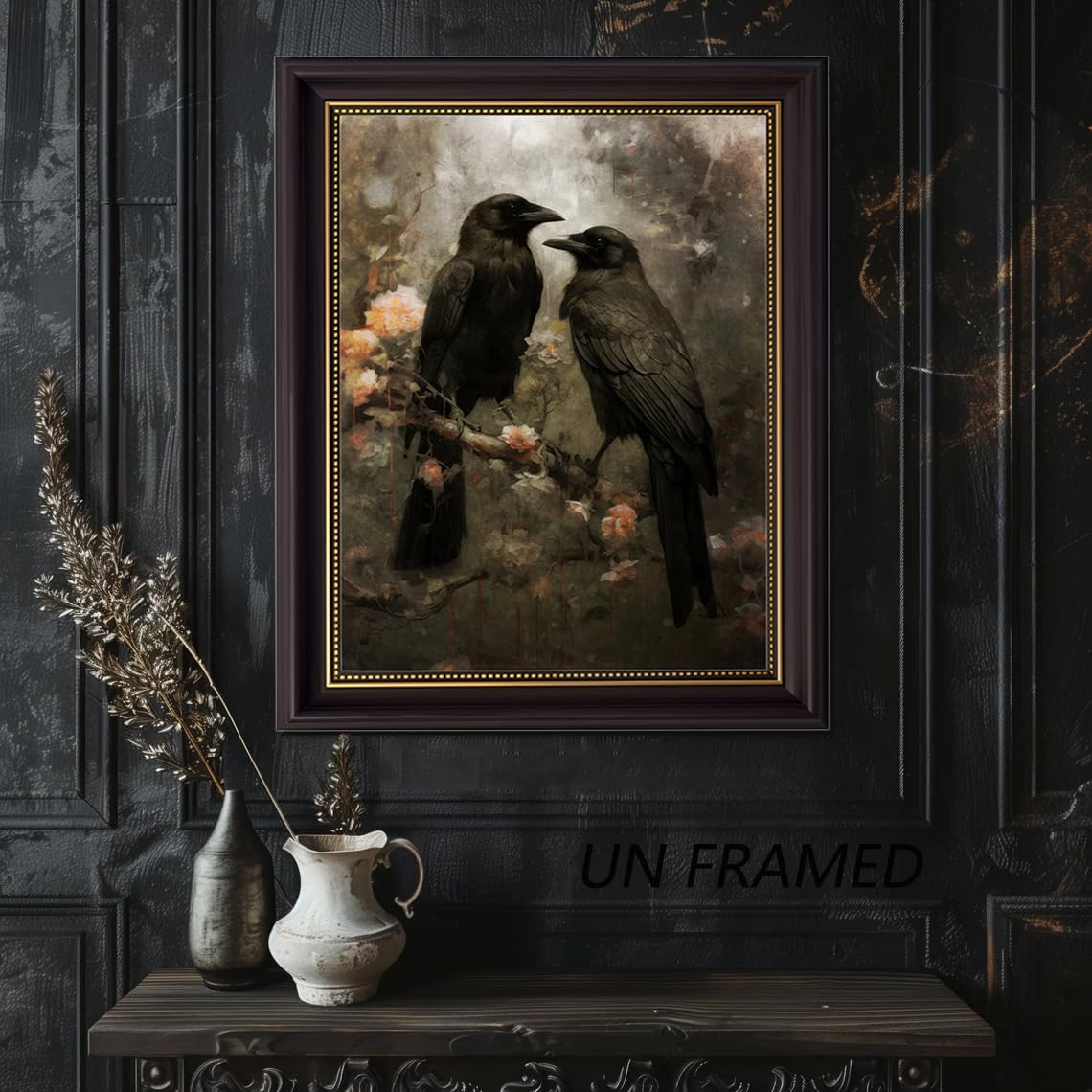 3Pcs Gothic Wall Art Halloween Wall Decor,Dark Academia Library Paintings ,Victorian Woman Reading Vintage Bookish Literary,Raven Couple in Dark Forest for Bathroom Living Room Decor Unframed 16"x24"