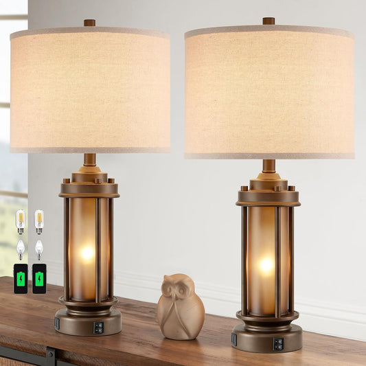 Set of 2 Farmhouse Table Lamps for Living Room, Rustic Vintage Bedside Lamps with 2 USB Ports, Bedroom Nightstand Lamp with Amber Glass Nightlight for End Table Entryway, 4 Bulbs Includes