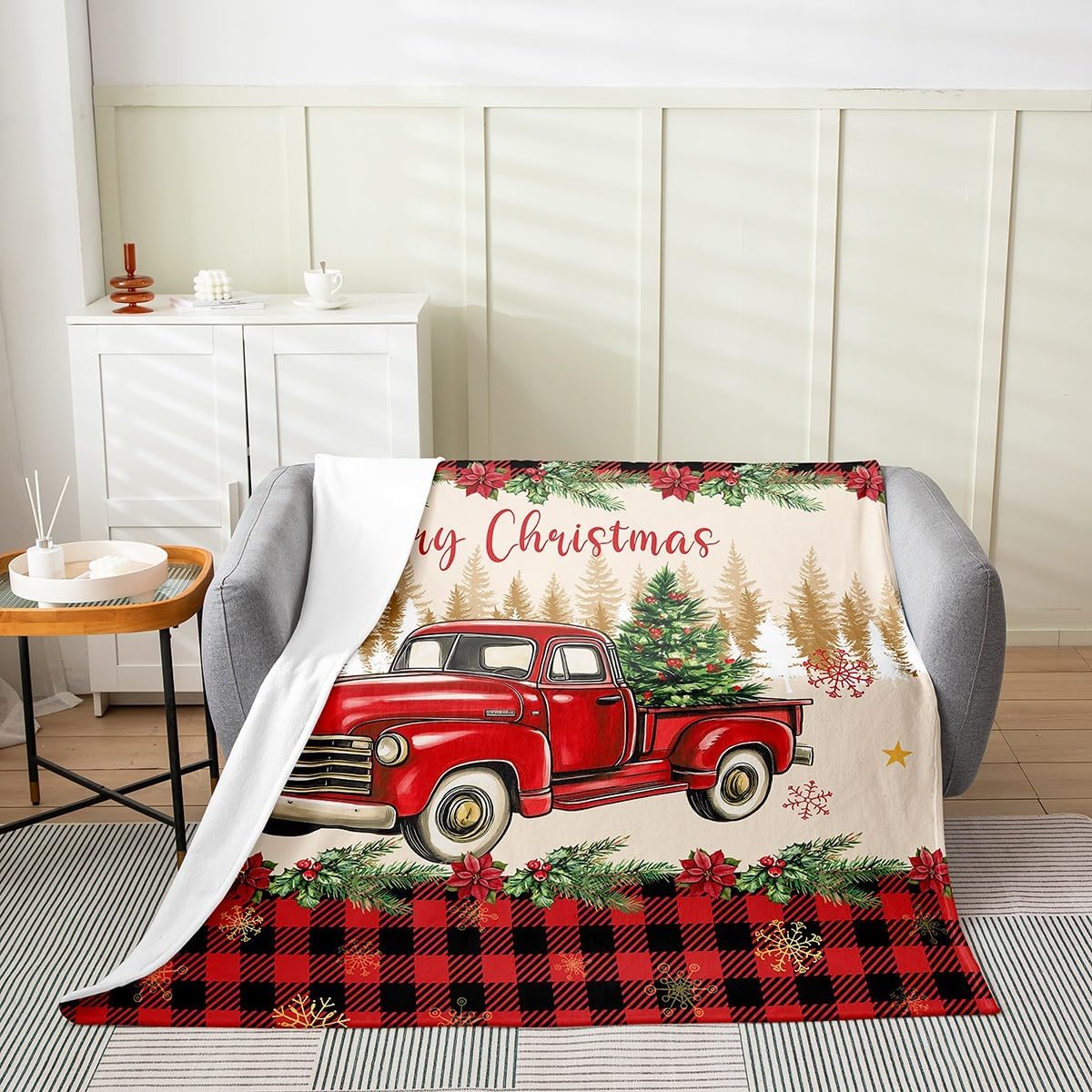 Erosebridal Merry Christmas Blanket 40x50,Red Truck Throw Blanket Soft Lightweight,Xmas Tree Fleece Blanket,Red Black Buffalo Plaid Fuzzy Blanket for Home Room Decor