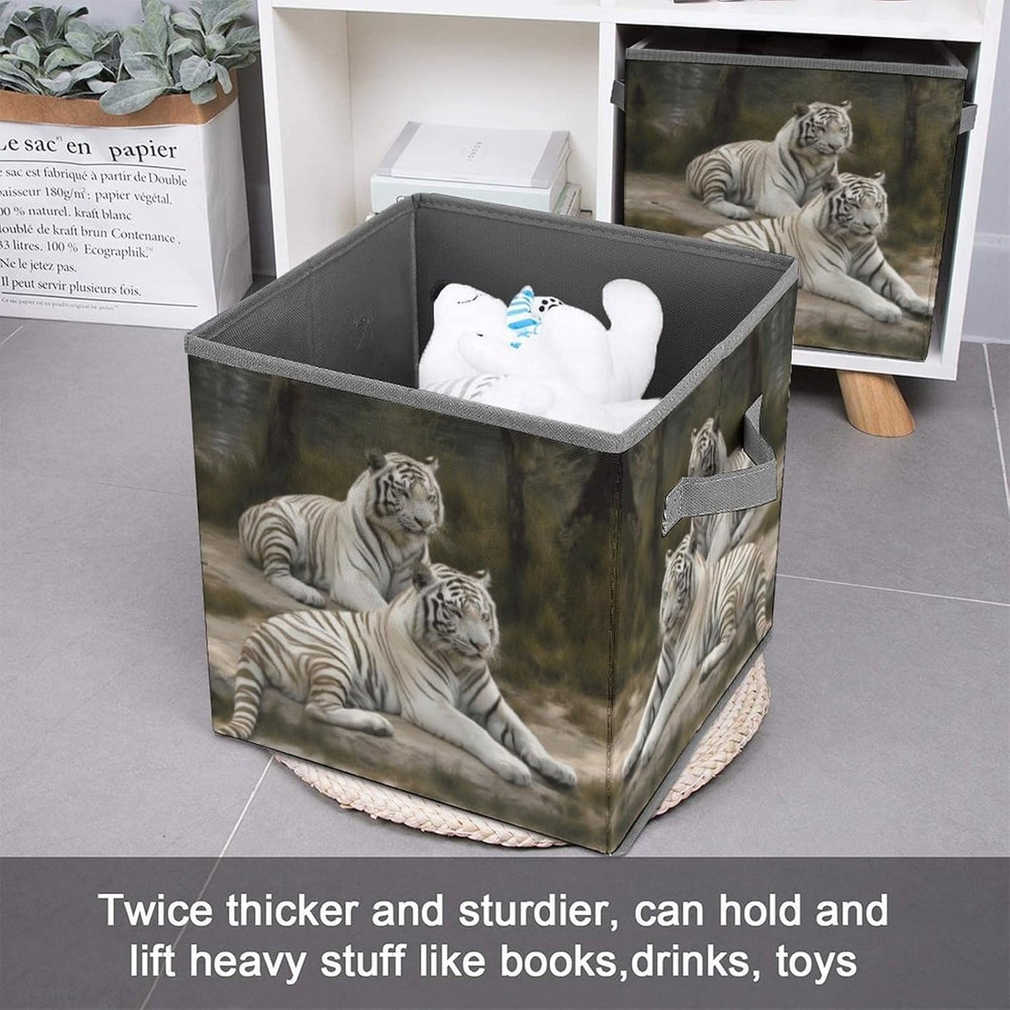 White Tigers Storage Bins with Handles Fashion Large Storage Cubes Sturdy Foldable Storage Boxes Space-Saving Storage Baskets for Home Office Clothes Closet Organizers