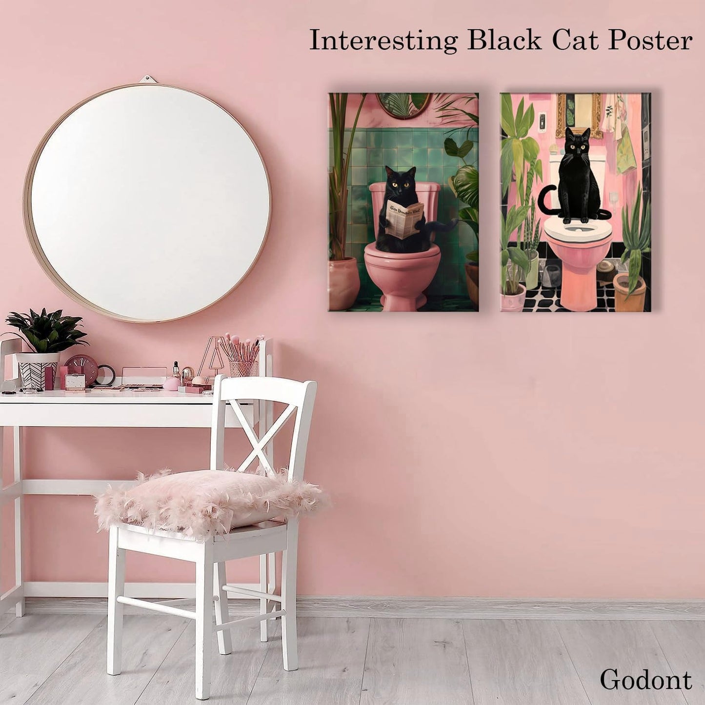 Godont Funny Cat Bathroom Wall Art.Cute Black Cat Wall Decor Paintings, Whimsical Animal Reading Newspaper on The Toilet Poster Canvas Prints Aesthetic Picture 12x16x2 inch Unframed