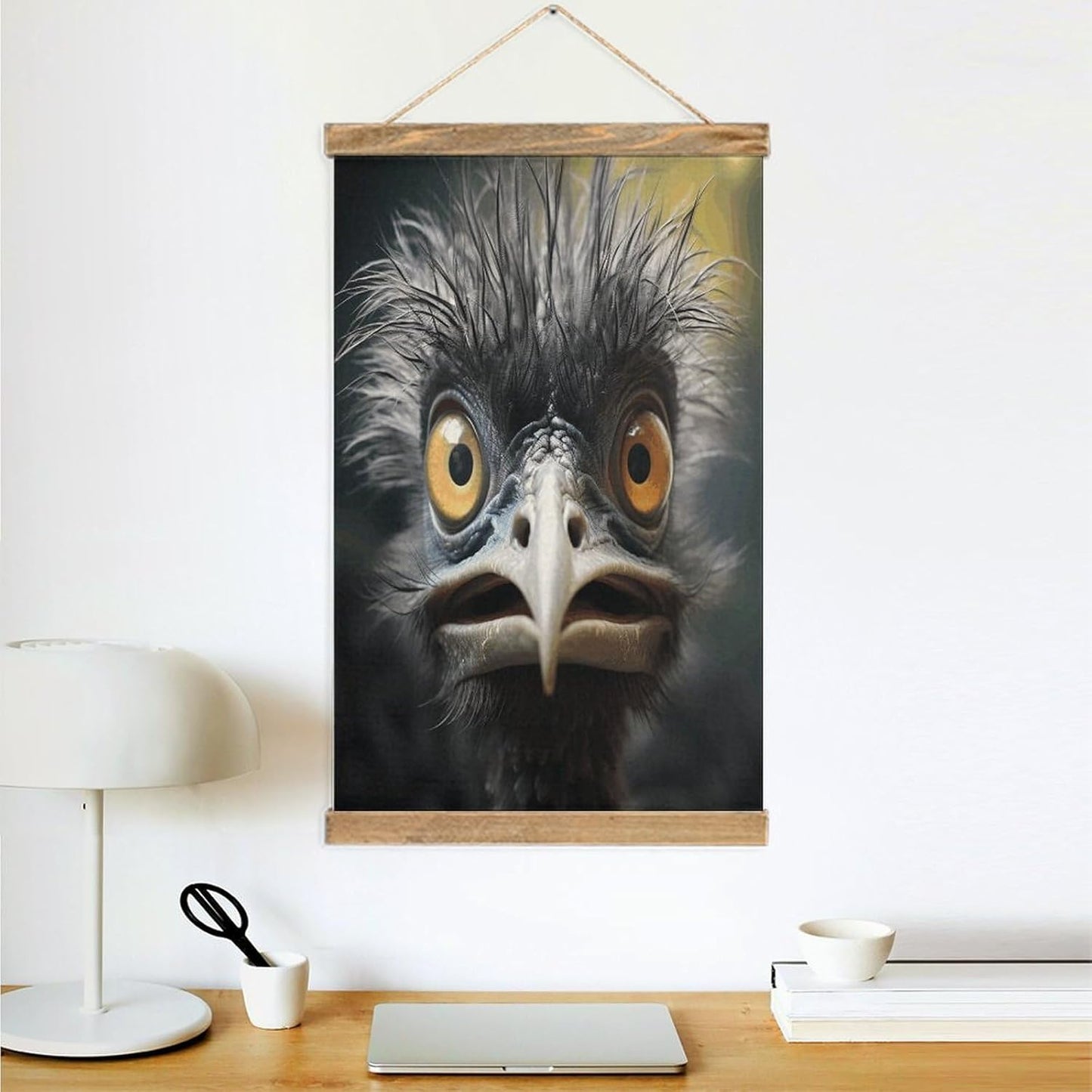 Vintage Emu Poster with Wooden Frame Personalized Linen Hanging Scroll Painting Rustic Wall Hanging Illustrative Modern Artwork Decor for Home Living Room Bedroom Office