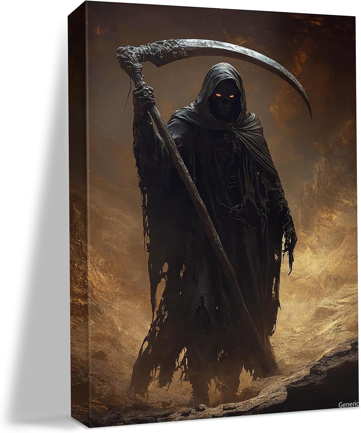 Halloween Poster Grim Reaper with Scythe, Dark Style High-Res Canvas Print, Wall Decor for Themed Rooms, Castles, Haunted Houses, Parties Black, 8x10inch 20x25cm, Framed