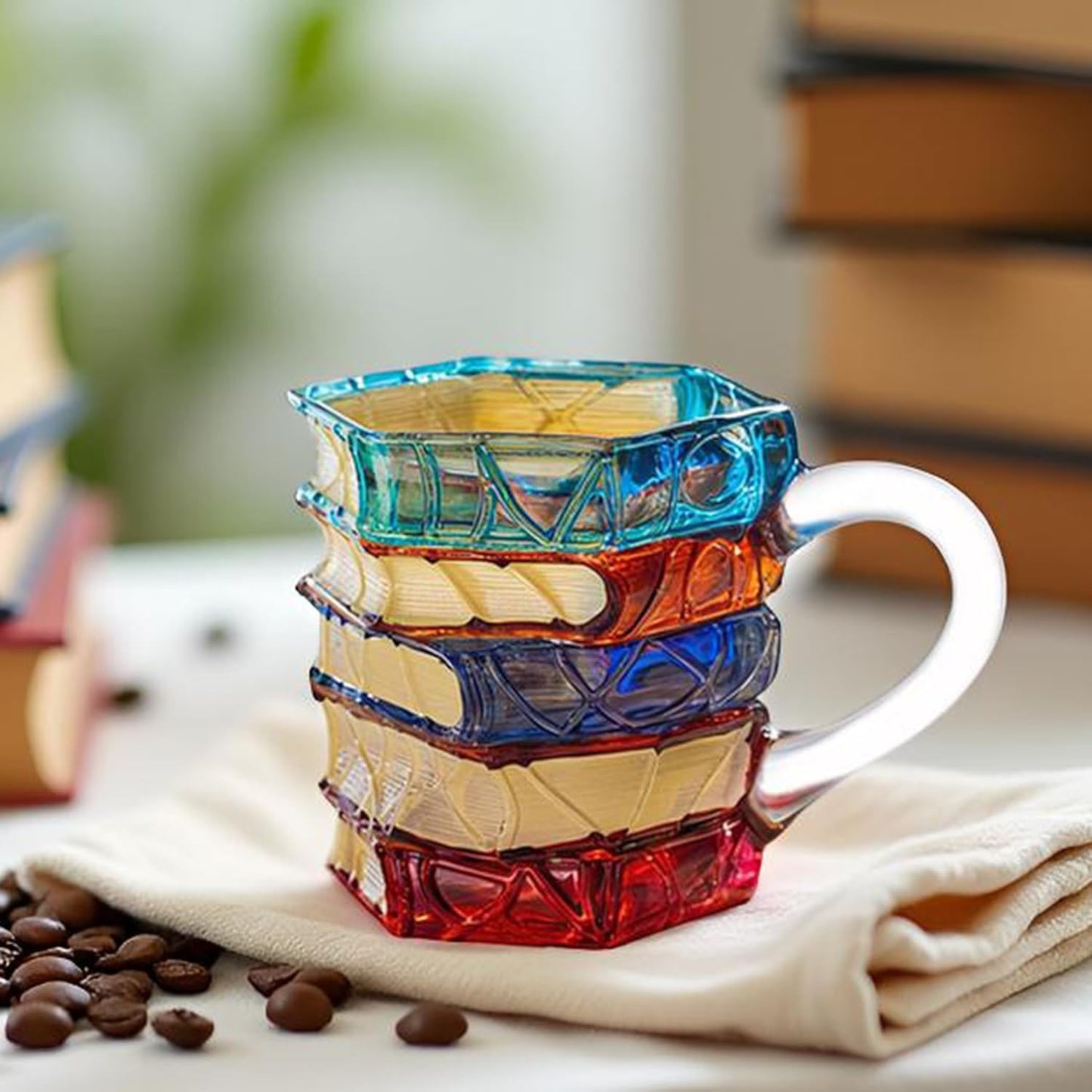 Chapter Book Mug Glass 3D Book Mugs for Gift, Painted Book Coffee Cup with Stack Design 7oz Artistic Reading Coffee Cup with Handle for Readers, Bookworm, Ideal Gift for Christmas, Birthday