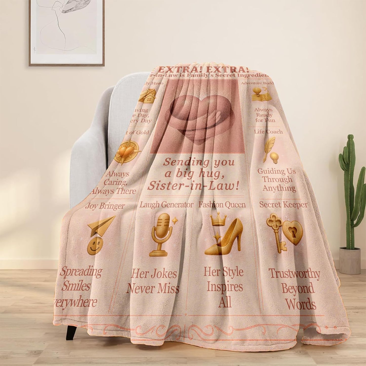 Sister-in-Law Gifts Blanket, 60"x50" Cozy Flannel Throw with Sentimental Message, Vintage Newspaper Headline Design, Unique Birthday Christmas Wedding Anniversary Present for Women