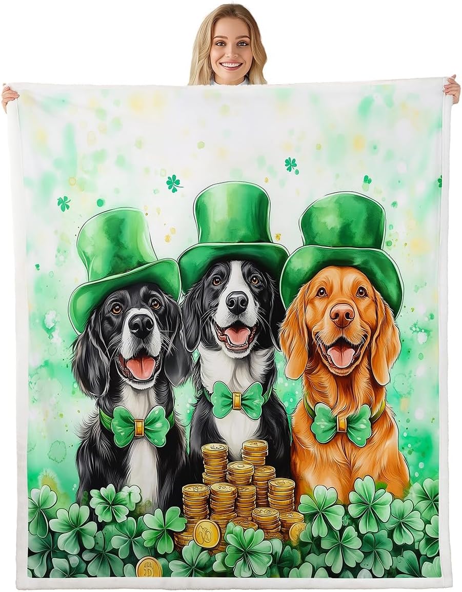 Cute Dogs Throw Blanket Throw 50x60 Happy St.Patrick's Day Irish Style Fuzzy Blanket for Kids Teens Adults Green Lucky Clover Hat Gold Coins Fleece Blanket for Chairs Party