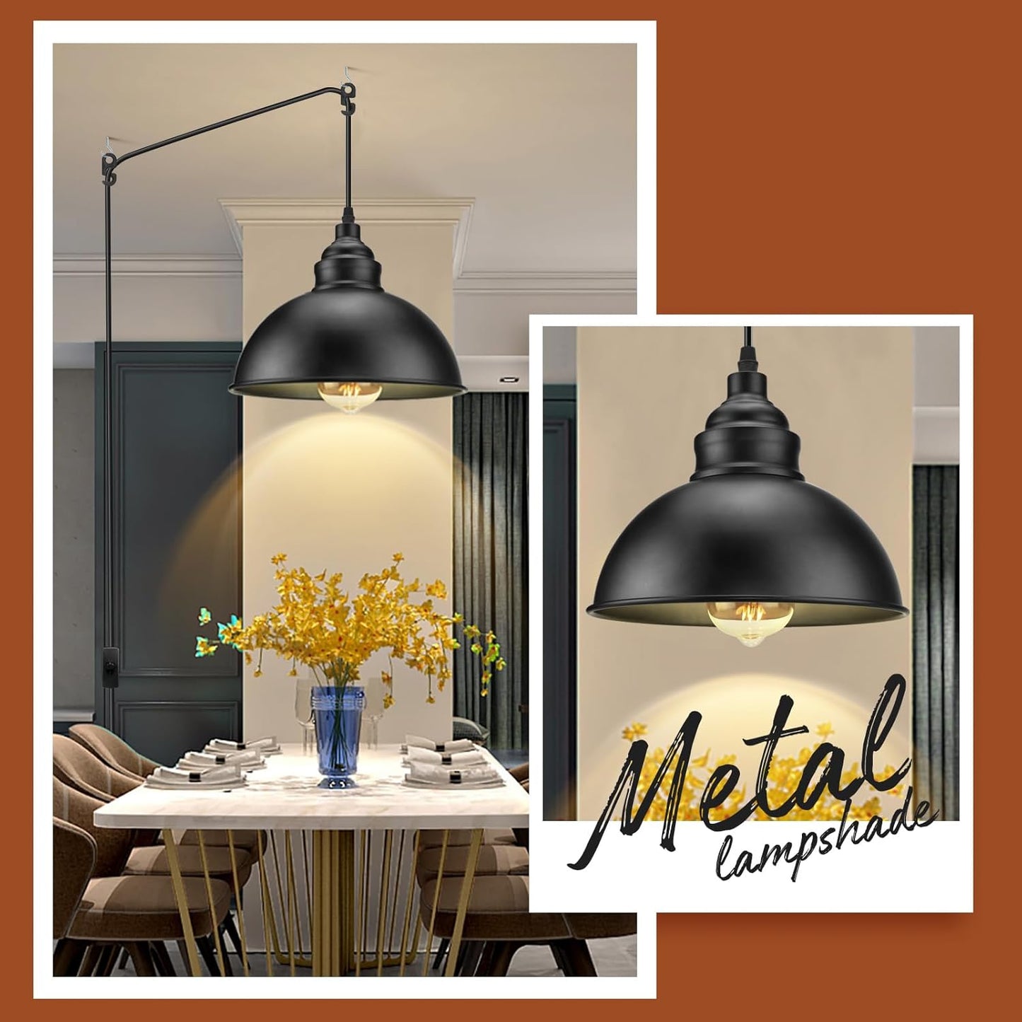 Plug in Pendant Light, 15FT Hanging Lights with Plug in Cord, On/Off Switch, Industrial Pendant Light with Plug in Cord, Metal Hanging Lamps for Living Room, Kitchen, Dining Room-Large Black