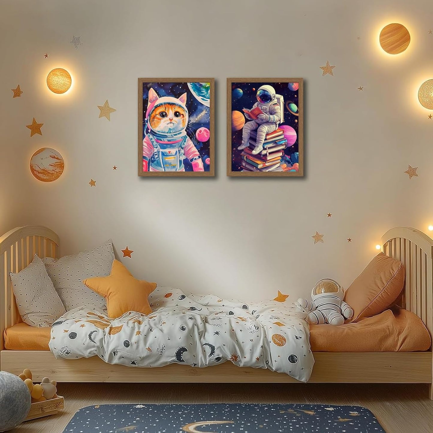 2Pcs Framed wooden Funny Cat Wall Art Astronaut Posters for Kids, Whimsical Cat In Space Canvas Printing Poster for Room Aesthetic, Colorful Kids and Nursery Art 12x16in