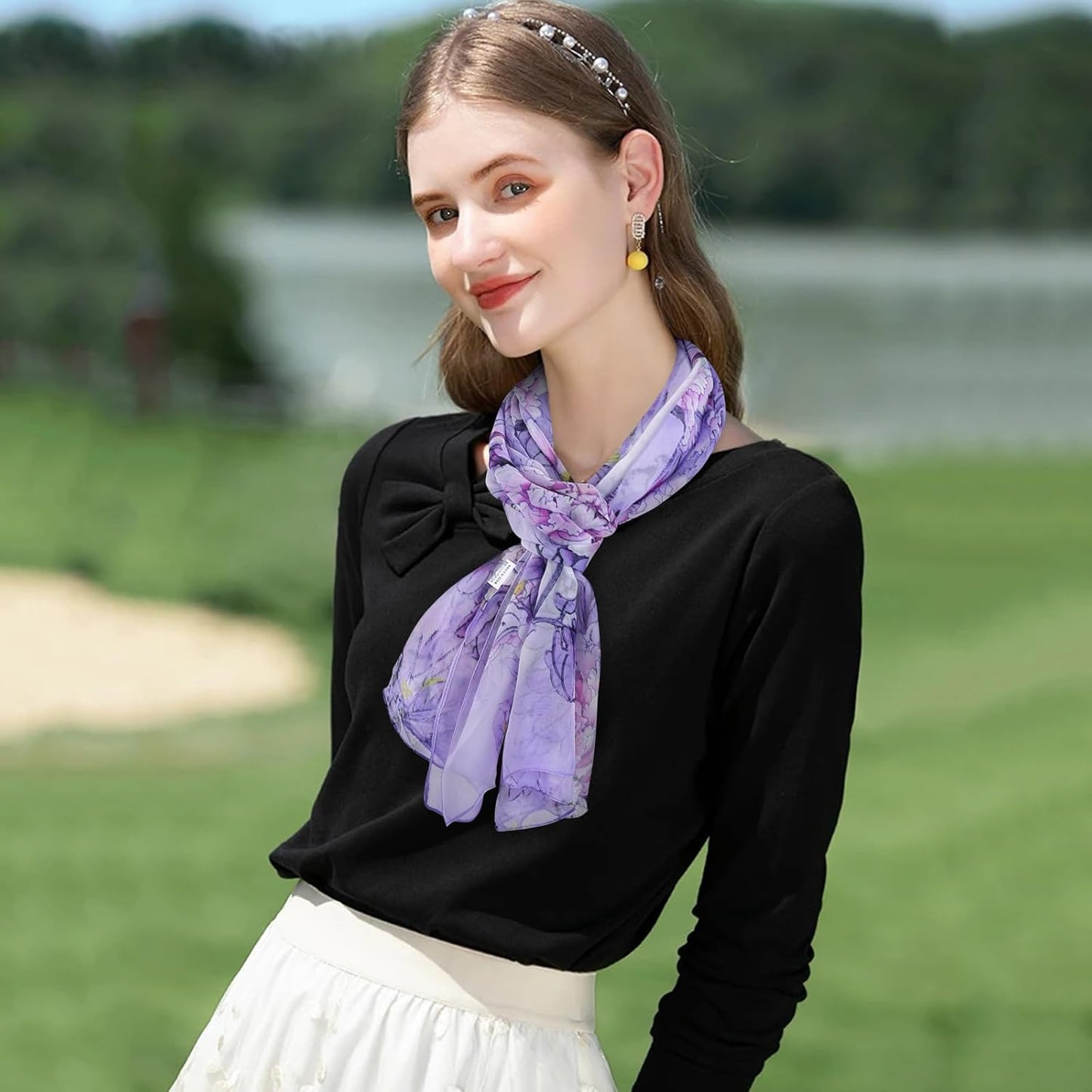 E-Clover Herebuy - Unique Women's Floral Scarves: Chiffon Flowers & Birds Printed Scarf