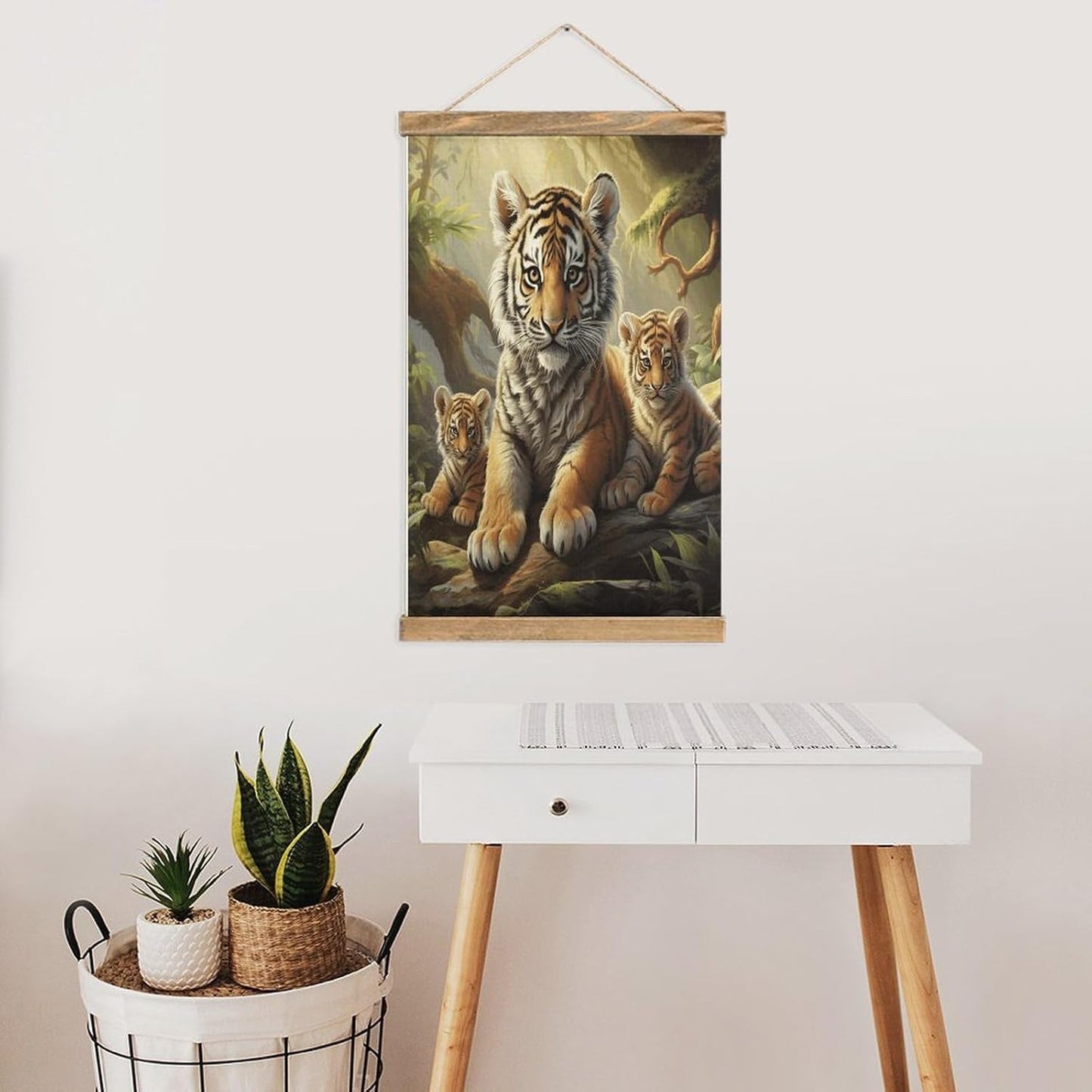 Vintage Jungle Tigers Cub Poster with Wooden Frame Personalized Linen Hanging Scroll Painting Rustic Wall Hanging Illustrative Modern Artwork Decor for Home Living Room Bedroom Office