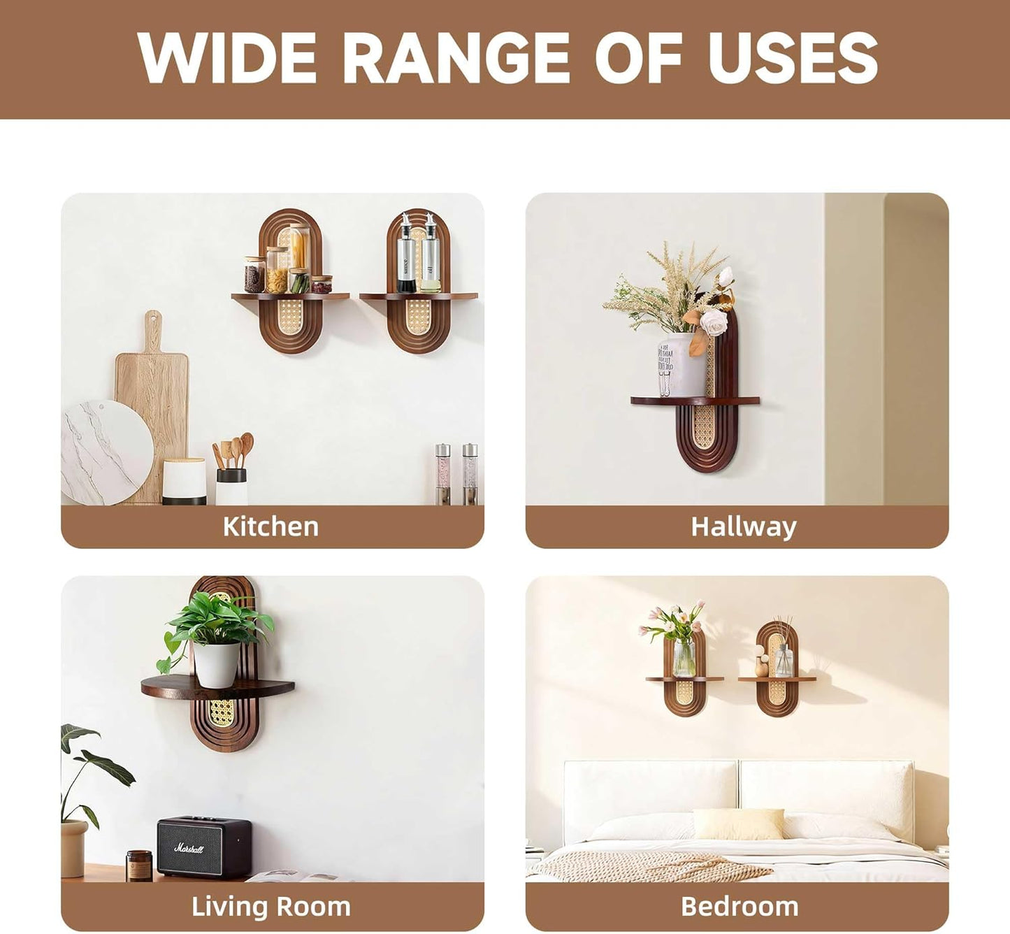 2 Pcs Wooden Arched Floating Shelf, Natural Wood Floating Shelves for Wall, Boho Rattan Wall-Mounted Shelf for Bedroom, Living Room, Nursery and Home Office, Decorative Book and Plant Display