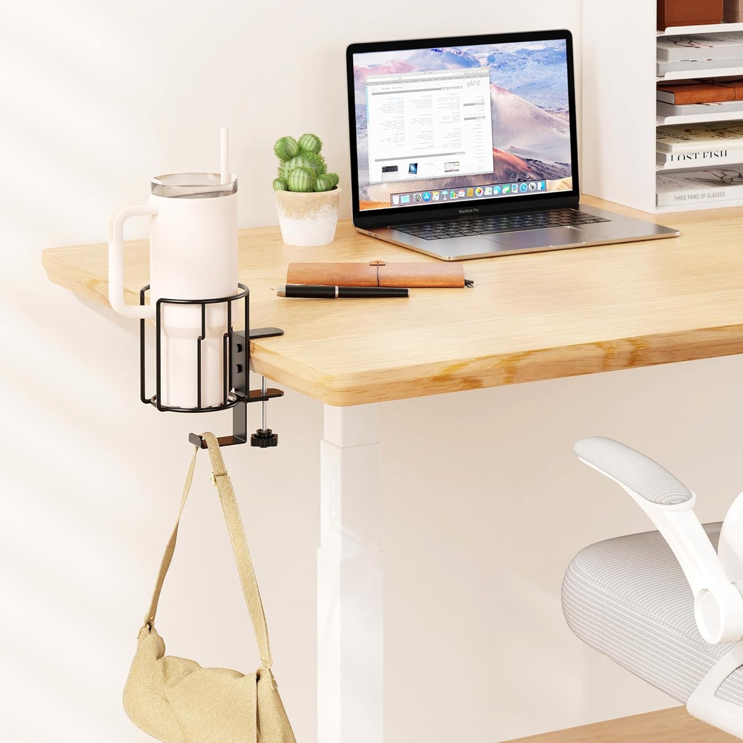 Large Desk Cup Holder, 2-in-1 Clip On Cup Holder with Headphone Hook, Heavy-Duty Metal Drink Holder for Insulated Tumblers, Big Water Bottles, Fits Office Desk Organizer, Dorm, Gaming Setup (1 Pack)