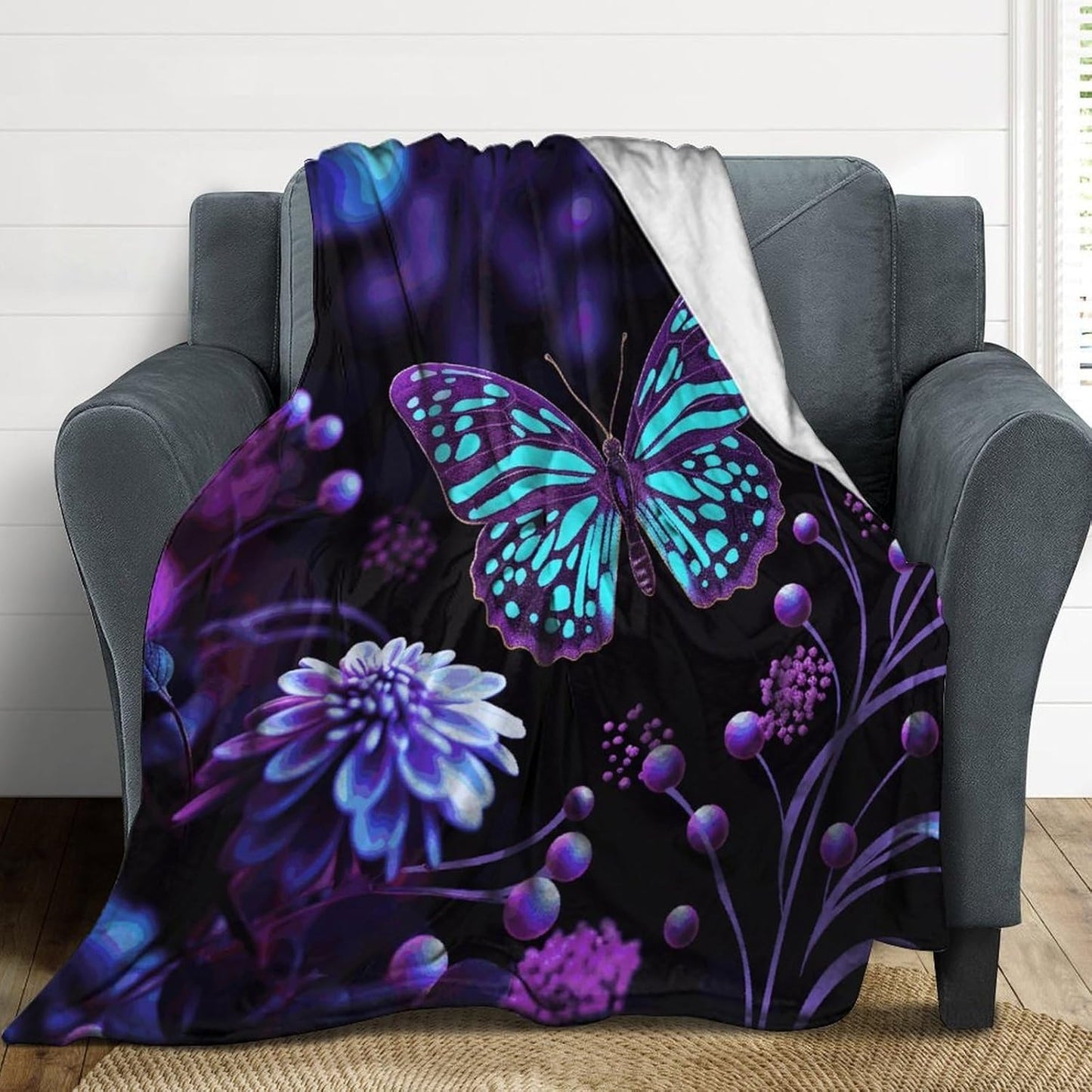 Purple Butterfly And Flowers Blanket Super Soft Lightweight Throw Blanket Cute Cozy Warm Bed Blanket Decorative Fuzzy Blanket All-Season Home Decor Gift for Sofa Couch Living Room 60"*80"（150*200cm）