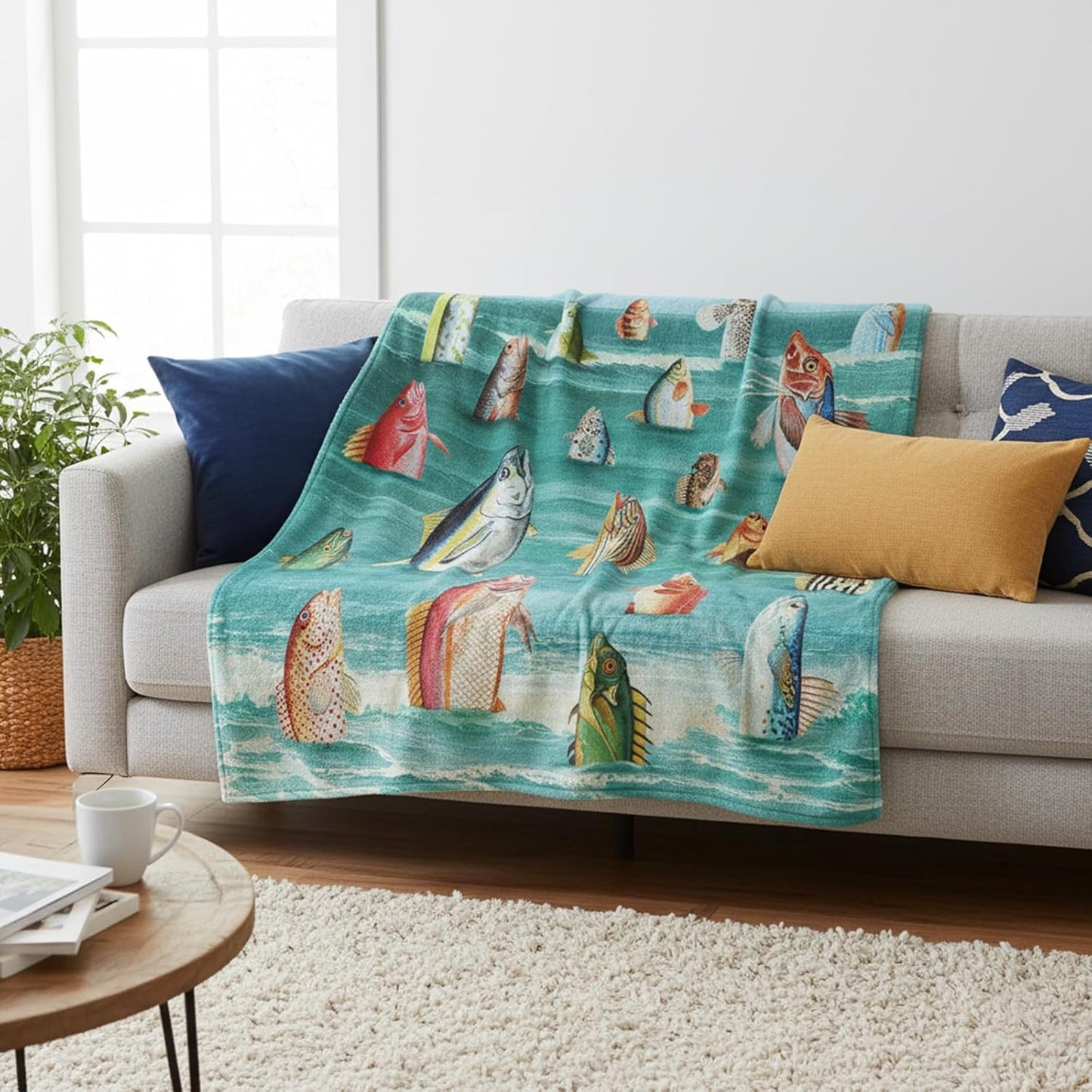 kampdream Surreal Fish Wave Flannel Blanket, Humanoid Standing Fish Art, Super Soft and Warm for Couch Sofa Living Room Ideal Gift for Friends Teal 50×60 inch