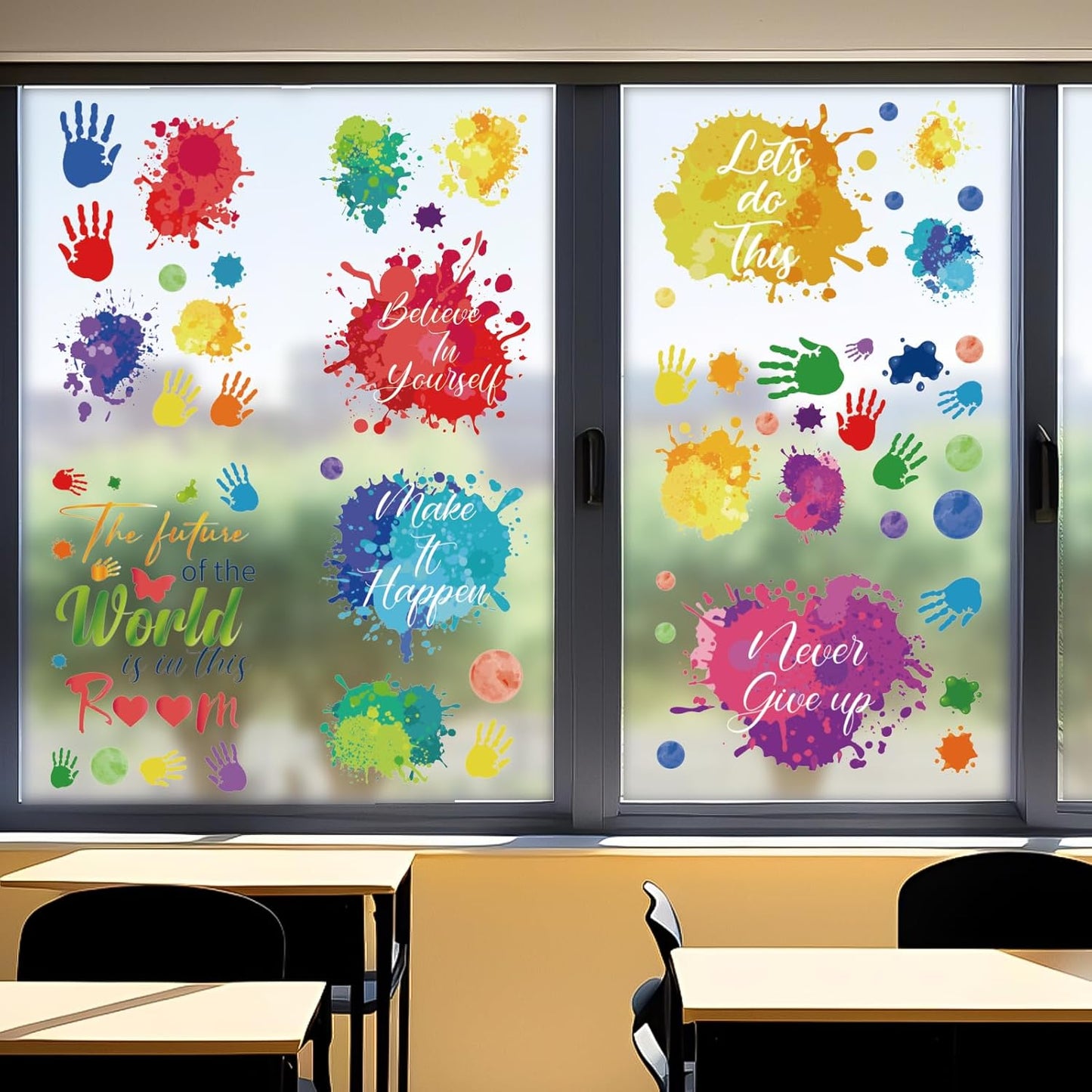 PLIGREAT 9 Sheets Colorful Inspirational Quotes Window Stickers, Watercolor Ink Handprints Window Clings Peel and Stick Windows Decals for Nursery Bedroom Classroom Sliding Glass Door Home Decor