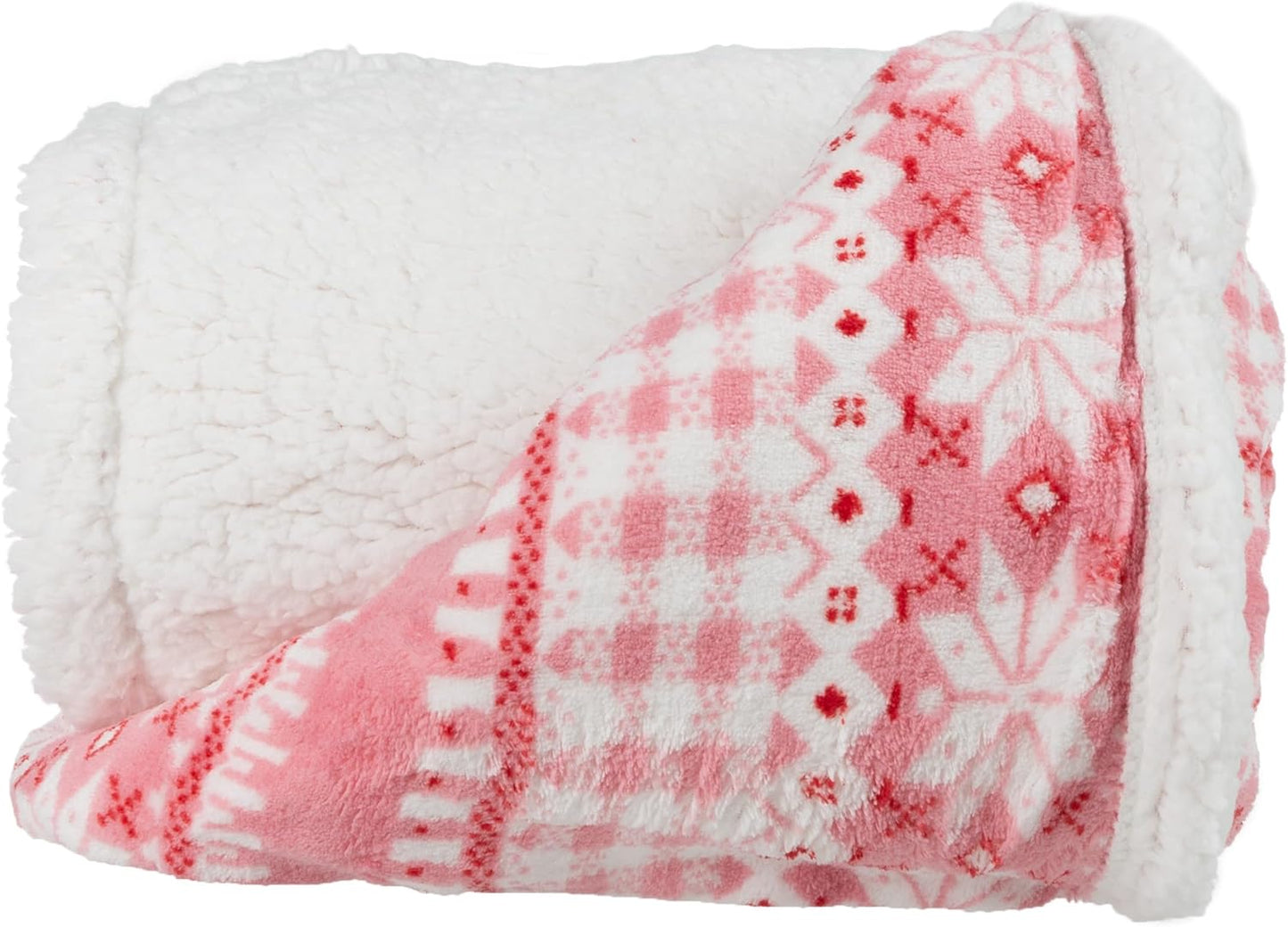 Reversible Fleece Blanket - 50x60-Inch Machine-Washable Sherpa Throw with Snowflakes - Cozy Blanket for Couch, Chair, or Bed by Lavish Home (Pink)