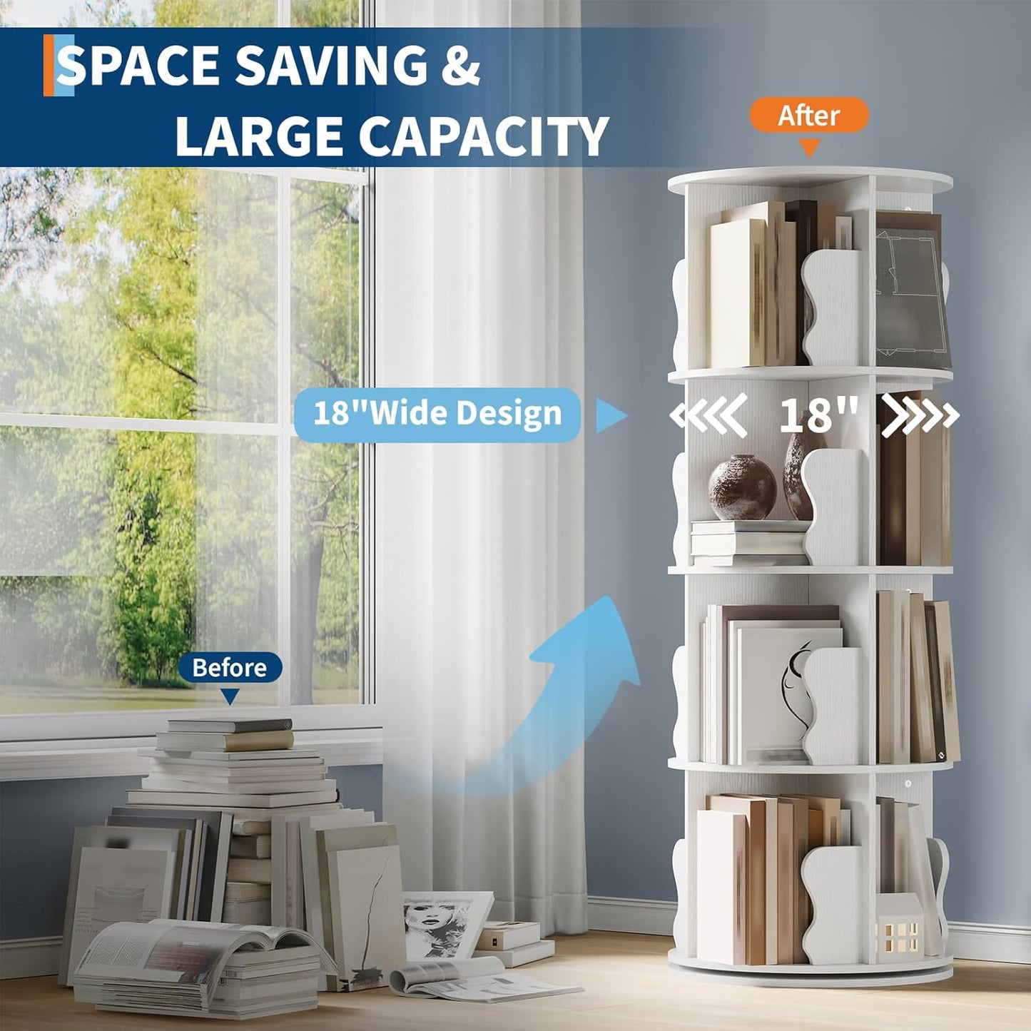 Rotating Bookshelf, 360 Display Spinning Bookshelf Tower, 4 Tier Floor Standing Bookcase Storage Rack, Revolving Bookcase Wood Narrow Book Shelf Organizer for Small Space, Bedroom, Living Room, White