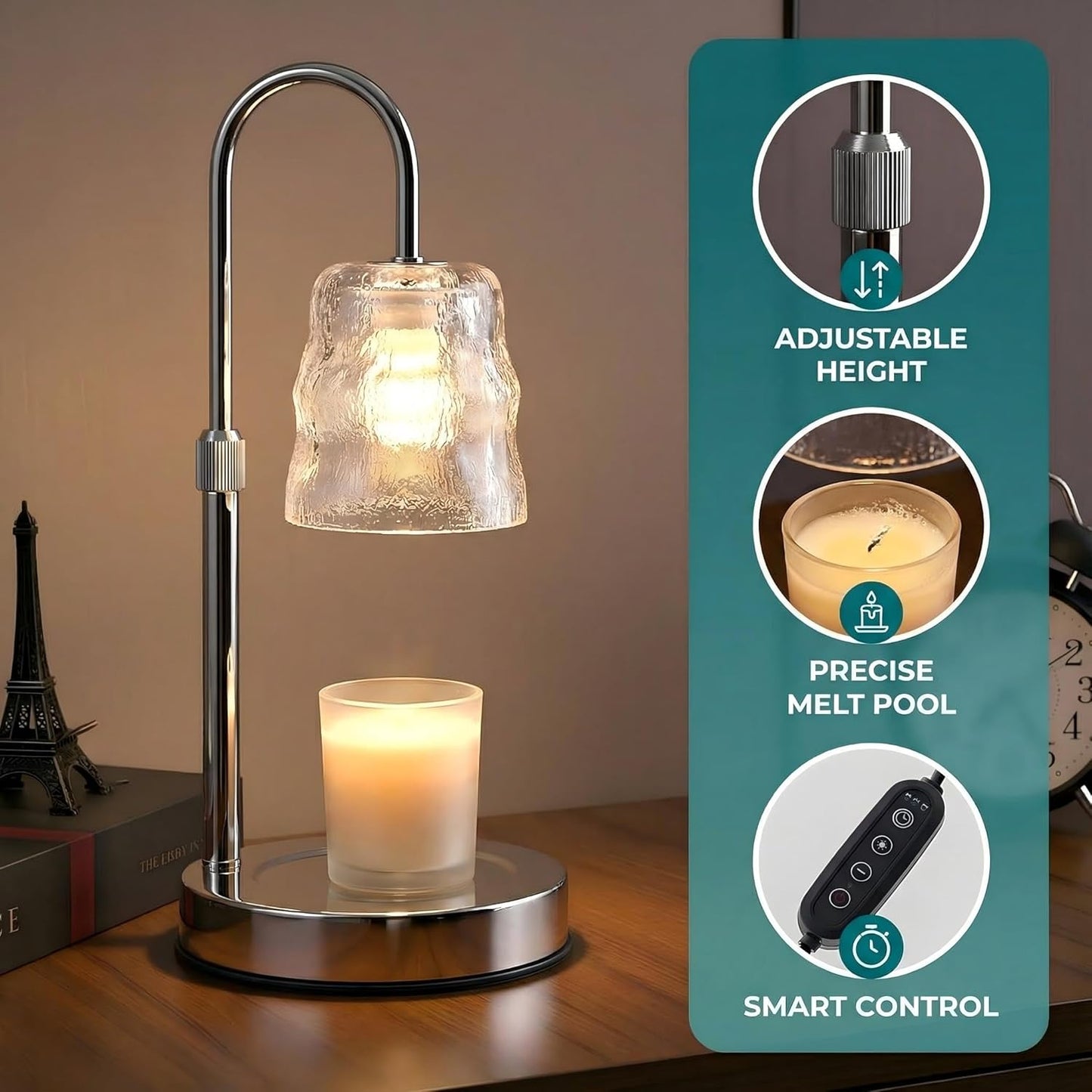 Candle Warmer Lamp with Timer & Dimmable,Candle Lamp Warmer with Ice-cracked Glass Shade,Gifts for Women valentine’s day, Adjustable Height Wax Warmer Lamp with 2 Bulbs for Jar Candles (Silver)