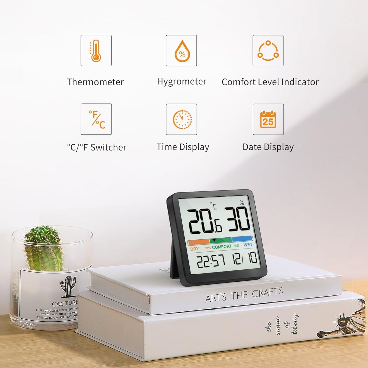 NOKLEAD Indoor Thermometer Hygrometer, Digital Humidity Monitor with Comfort Indicator, Room Temperature Gauge with Clock, Mini Desktop Hygrometer for Home, Nursery, Office