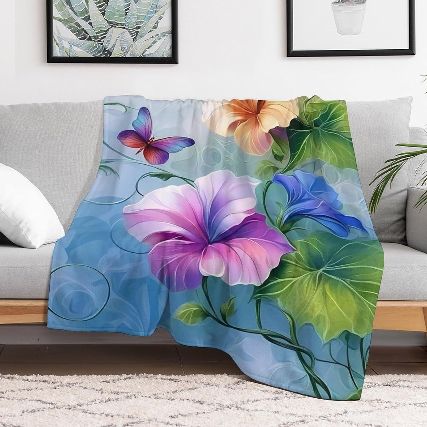 Dragonfly Cup Shaped Romantic Flowers Throw Blanket for Couch Bed Plush Cozy Fuzzy Flannel Blanket for All Season 55"x70"