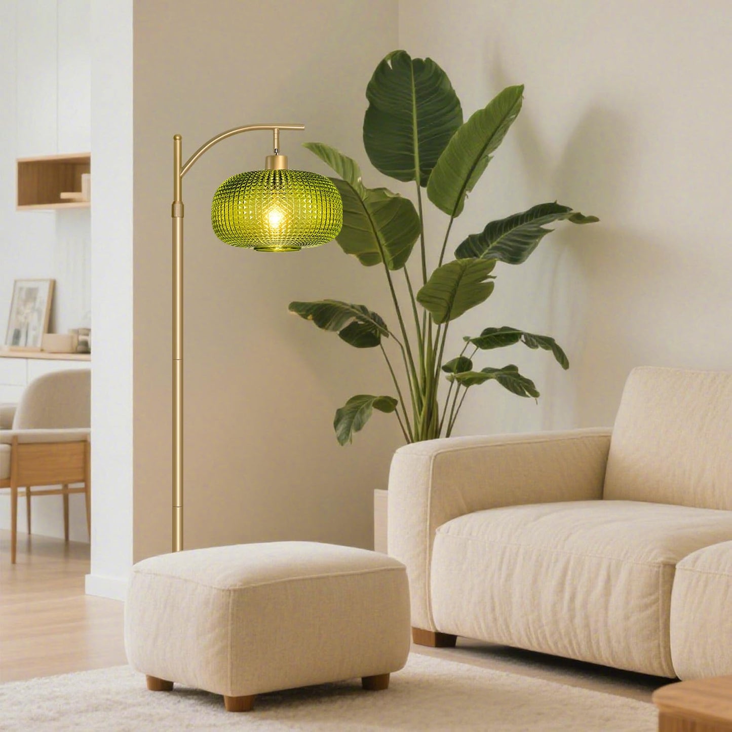 Modern Floor Lamp for Living Room, Mid Century Tall Standing Lamp Green Glass Lamp Shade, Dimmable Gold Tall Pole Lamp for Bedroom Office with Remote, 1 x 12W LED Edison Bulbs Included