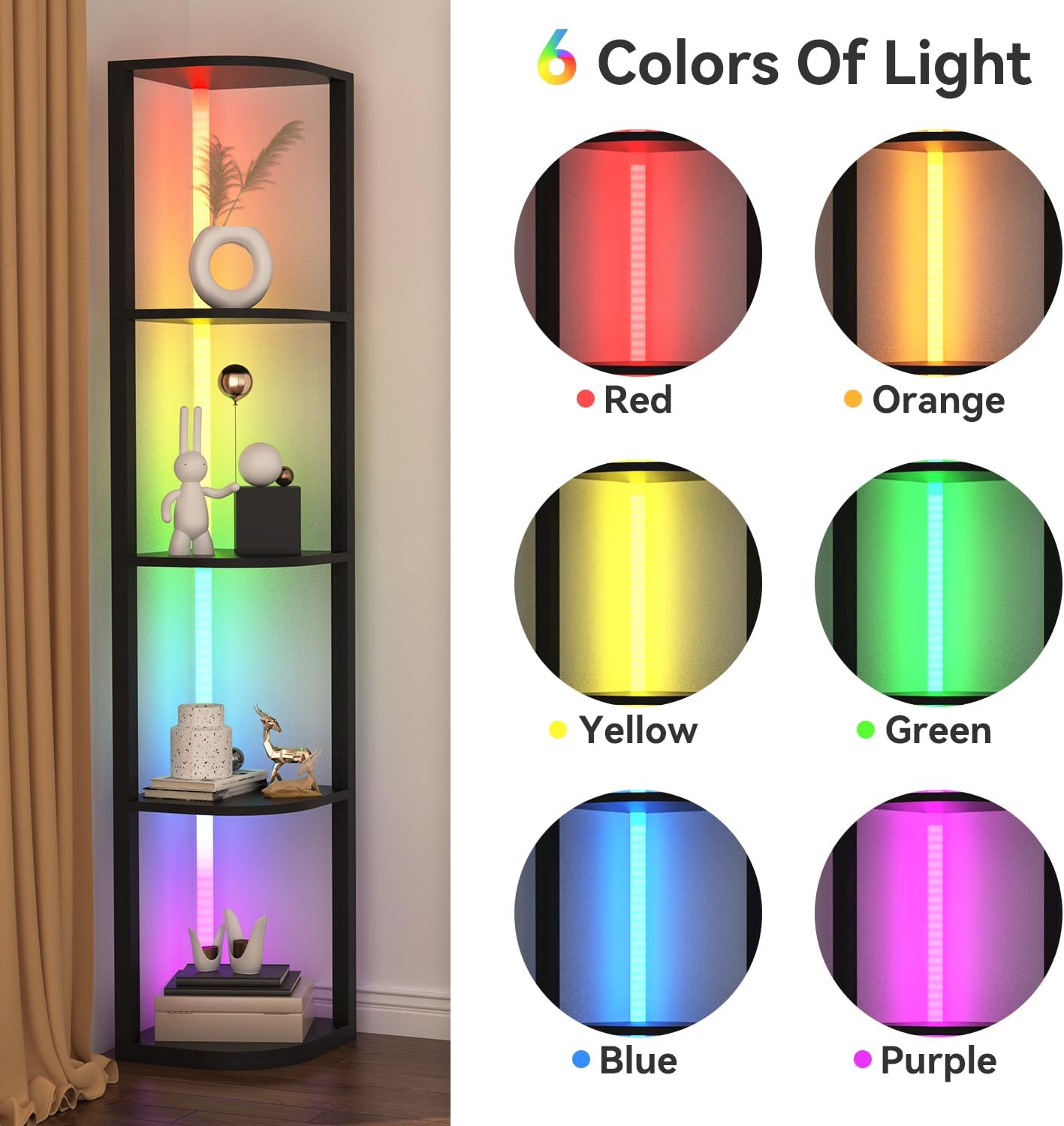 ROJASOP 5 Tiers Corner Shelf with Light Tall Display Shelf for Collectibles Control Multiple Color Lights via APP and Remote Control Floor Lamp with Shelf Supports Dimming for Living Room Bedroom Home
