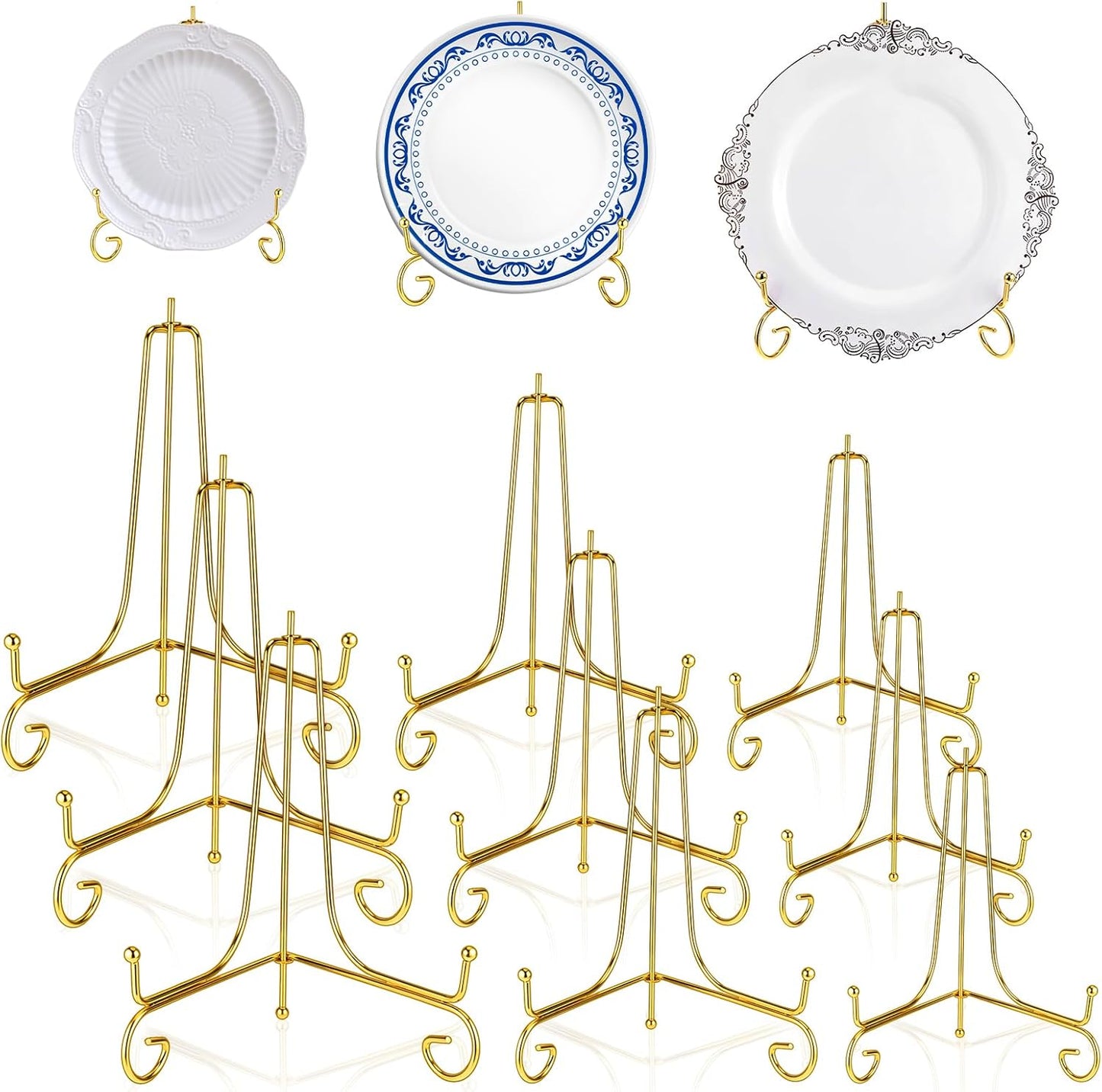 12 Pack 3 Size Improved Anti-Slip Plate Stands for Display, Gold Iron Display Stand, Easel Plate Display Photo Holder Stand, Iron Wire Easel Frame Stand for Displaying Pictures, Plates and Arts (4, 6, 8 Inch)