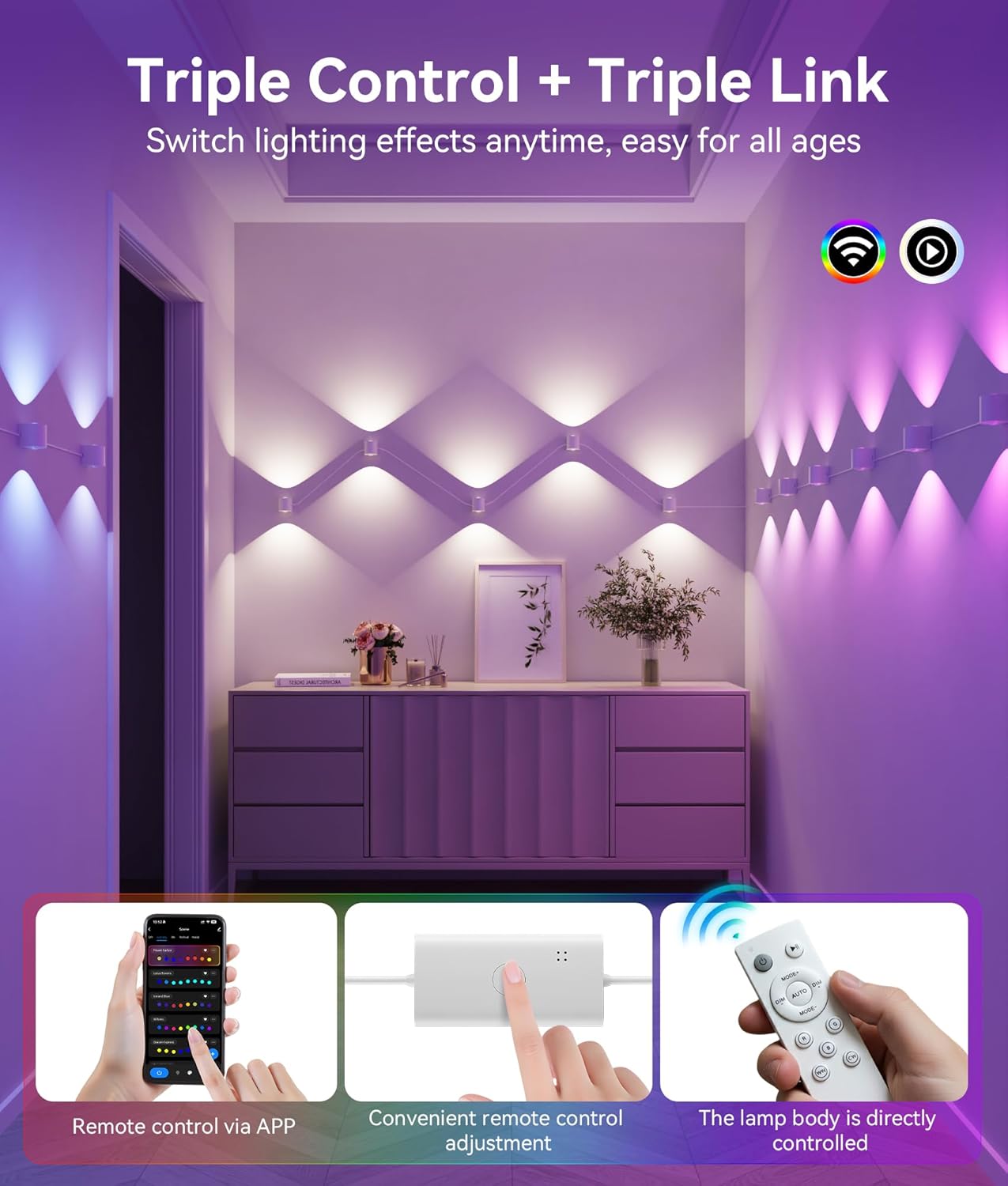 8-Light RGBCW Wall Sconce Light, Up/Down Bedroom Wall Lights, Music Sync, DIY-Styling Color-Changing Wall Lamps for Living Room Party Home Decor, Works with Alexa/Google Assistant, 23.3ft