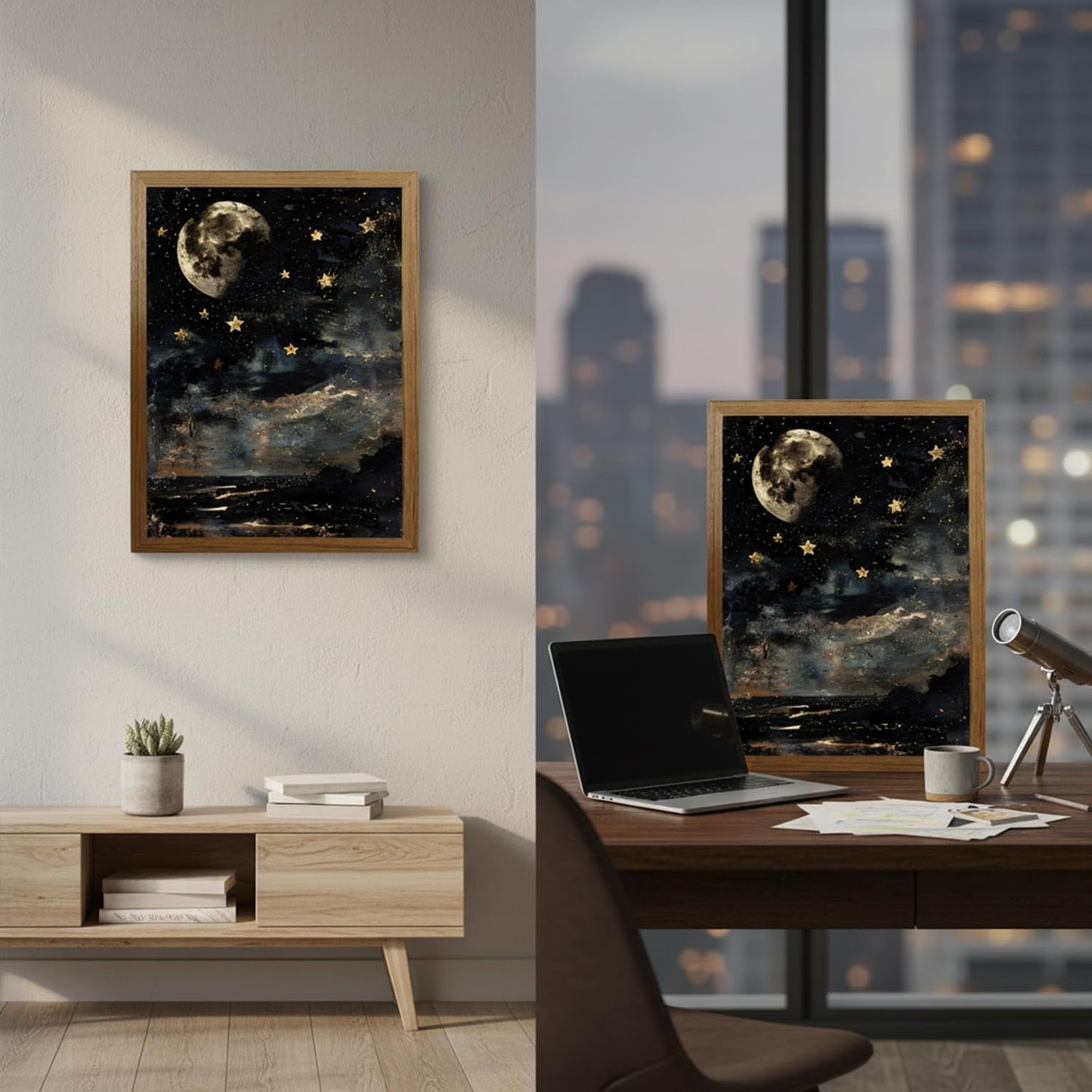 Dark Academia Celestial Canvas Wall Art Vintage Moon and Stars Wall Decor Moody Star Landscape Painting Artwork for Bedroom Living Room 8x10 Inch Wood Framed