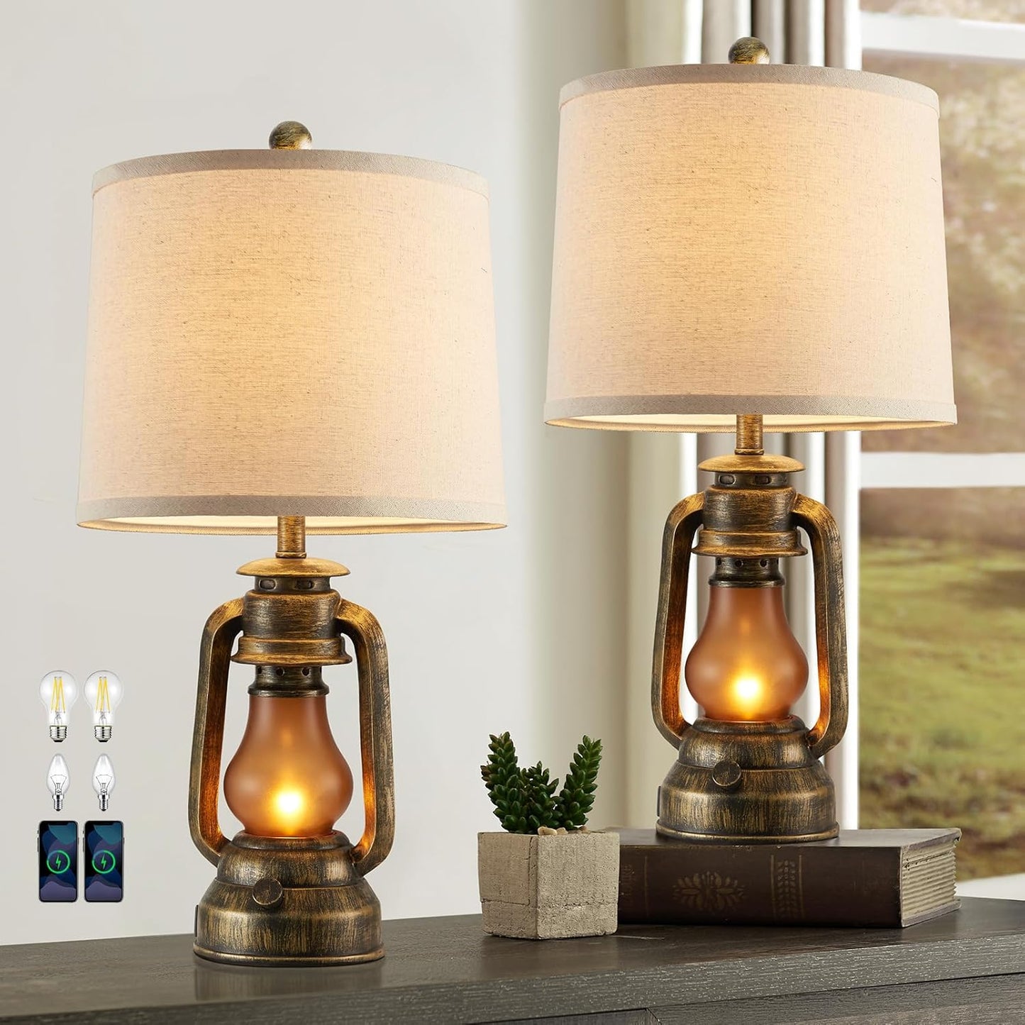 RORIANO Set of 2 Farmhouse Lantern Table Lamps for Living Room with 2 USB Charging Ports, Rustic Vintage Nightstand Lamps with Nightlight for Bedroom End Table Entryway, 4 Bulb Included