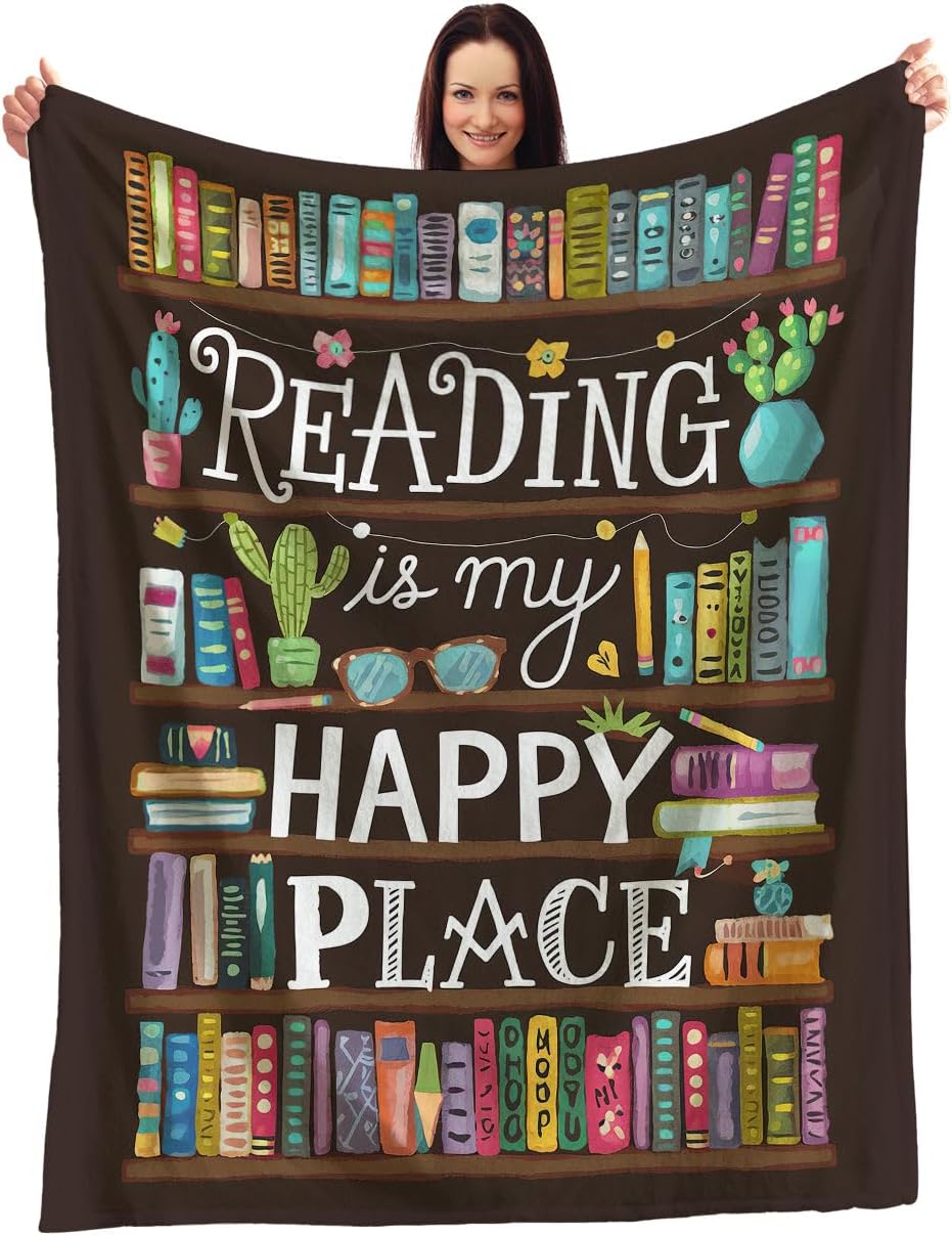 Reading is My Happy Place Blanket - Cozy Bookshelf Throw for Book Lovers - Vibrant and Artistic Library Design - Perfect Snuggle Companion for Quiet Reading Days - Great Gift for Avid Readers