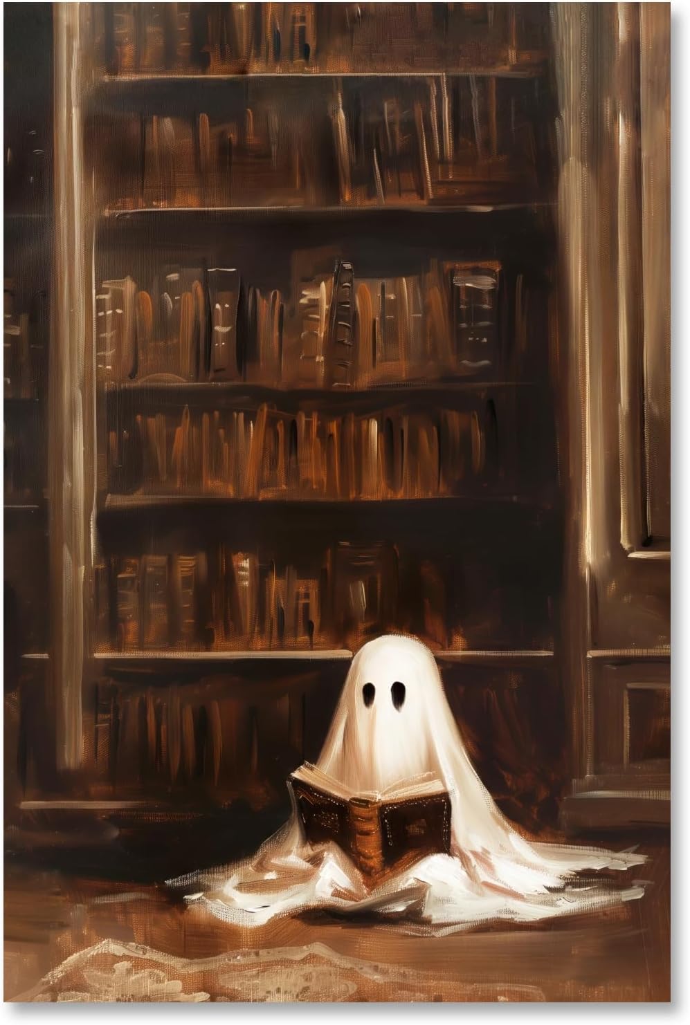 HUYKON Vintage Library Ghost Reading Poster Retro Spooky Bookish Halloween Wall Art Dark Academia Gothic Canvas Oil Painting Wall Decor Aesthetic for Bedroom Living Room Office 8x12inch Unframed